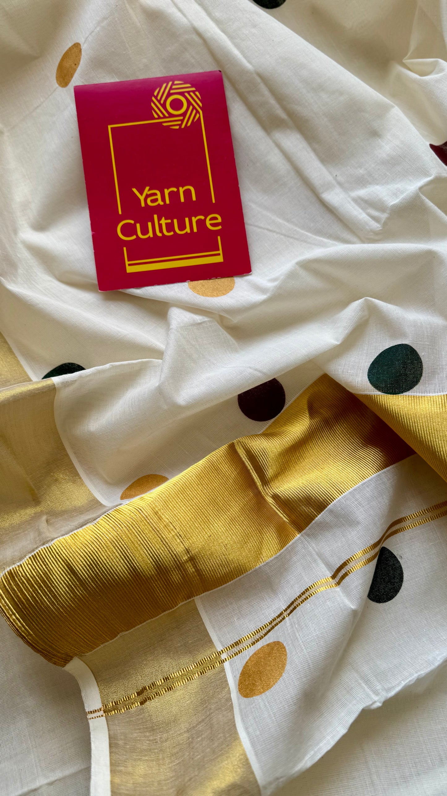 Ivory and gold with polka coloured buttas, kerala cotton - YCON25KCPD249
