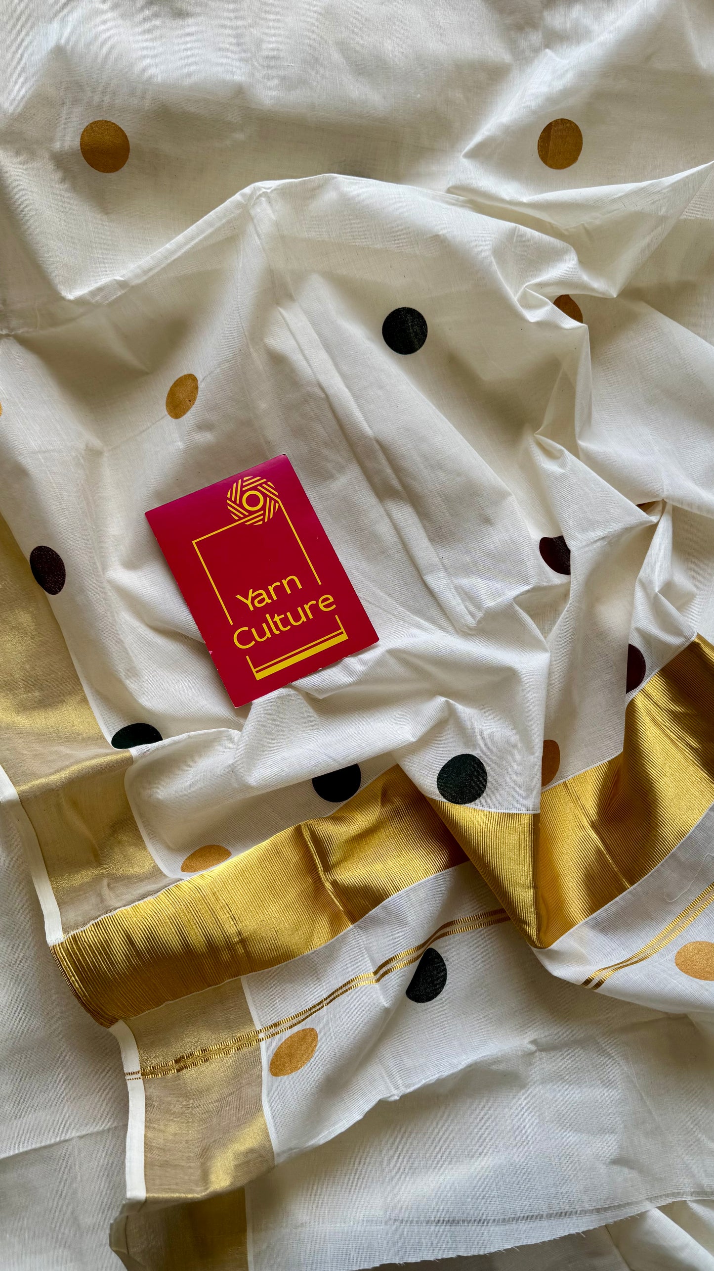 Ivory and gold with polka coloured buttas, kerala cotton - YCON25KCPD249