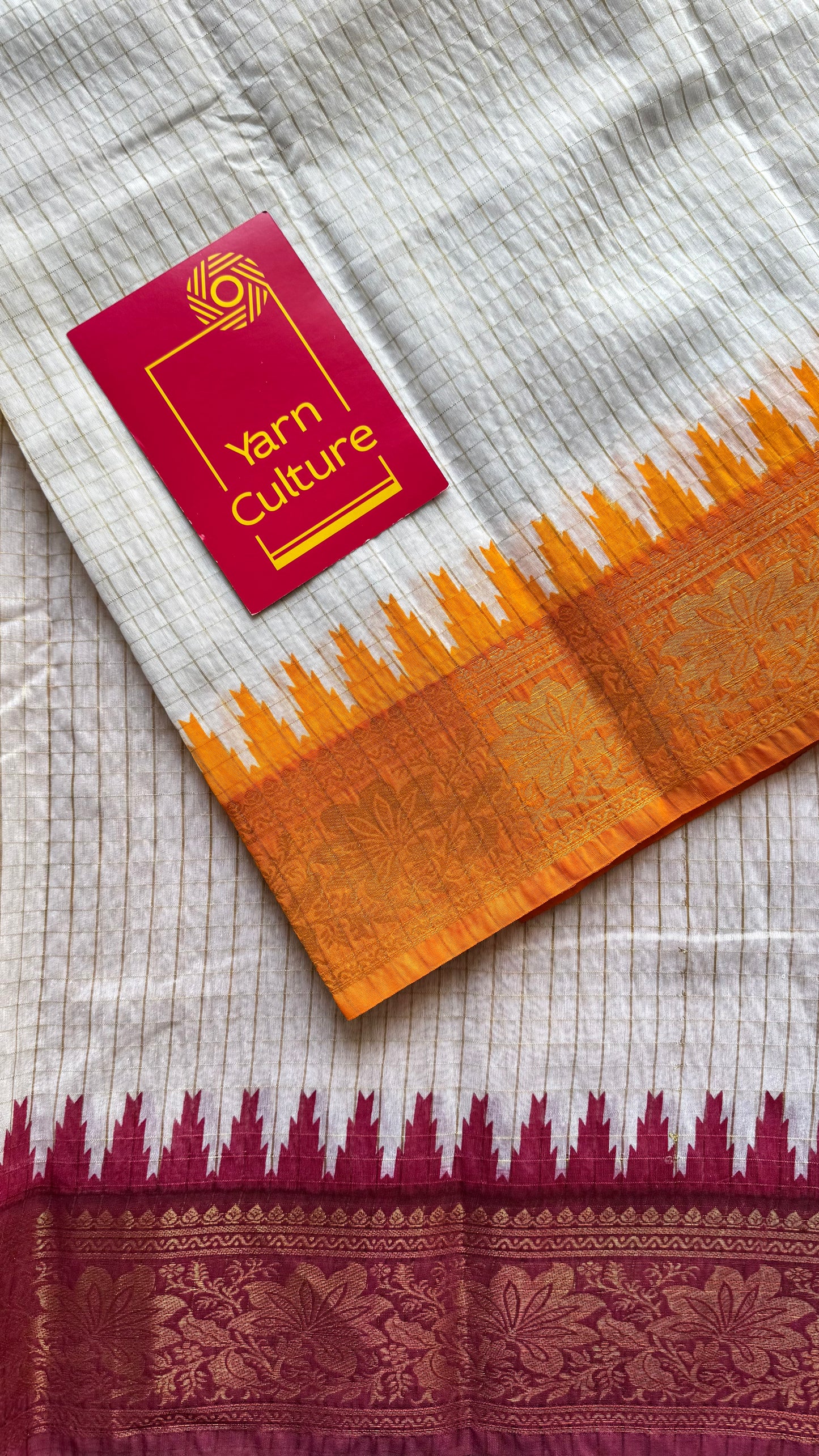 Dark Red - Yellow - sungudi cotton checks, ivory gold base, soft cotton - YCON25COTN97