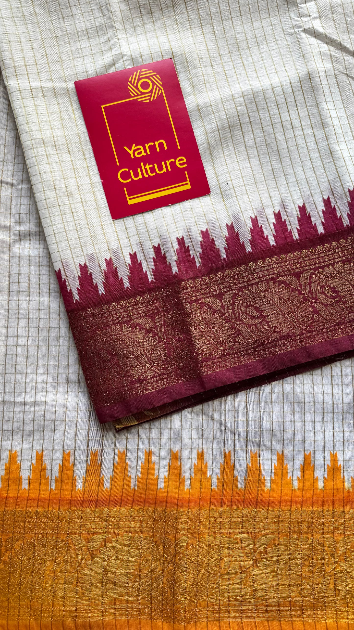 Dark Red - Yellow - sungudi cotton checks, ivory gold base, soft cotton - YCON25COTN101