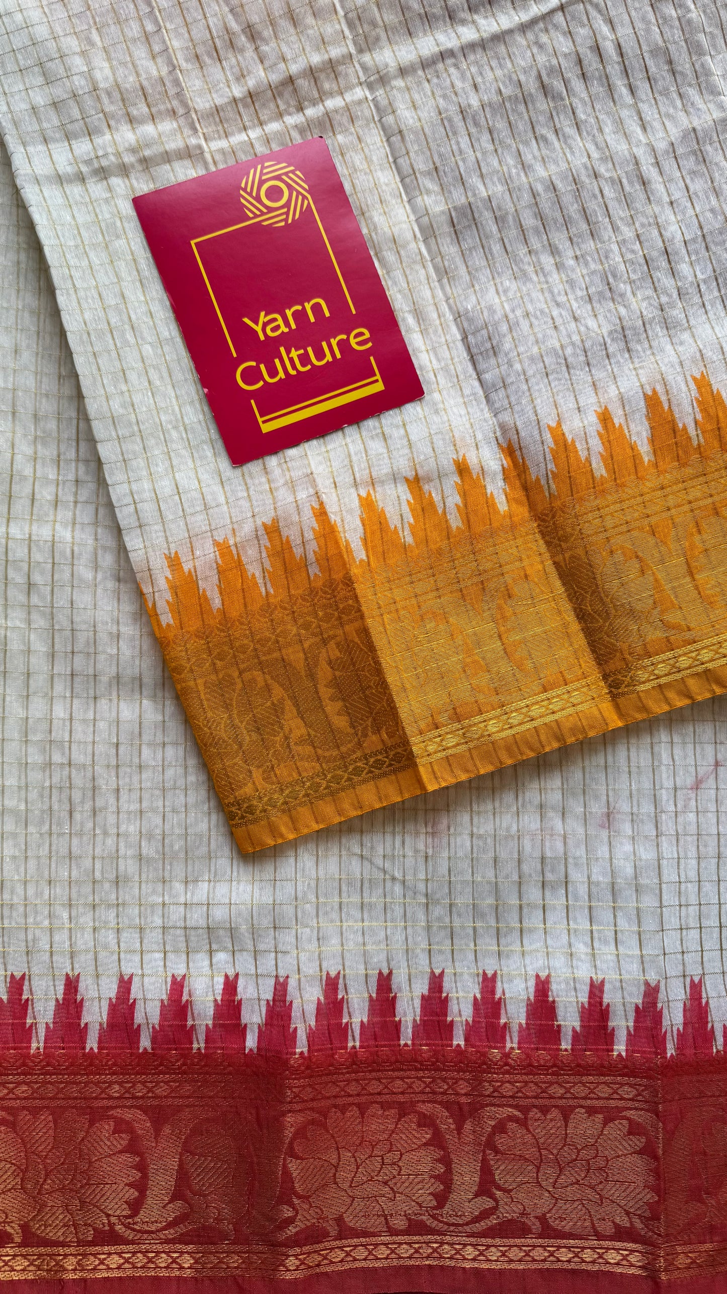 Chilli Red - Yellow - sungudi cotton checks, ivory gold base, soft cotton - YCON25COTN99