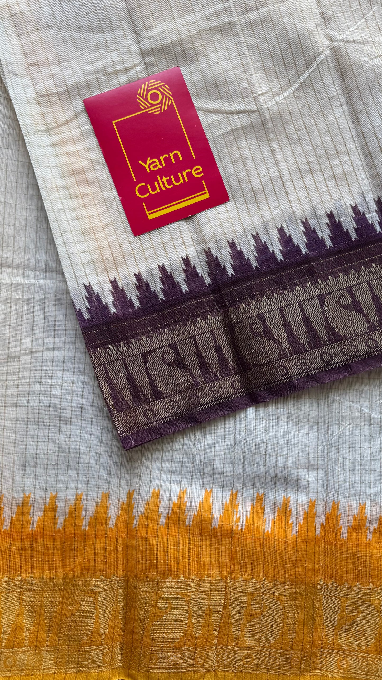Dark Violet Yellow - sungudi cotton checks, ivory gold base, soft cotton - YCON25COTN95