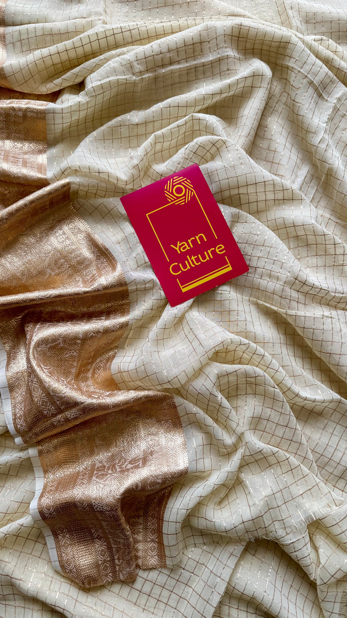 Cream & gold viscose silk checks - with contrast red blouse - YCON25DOS01