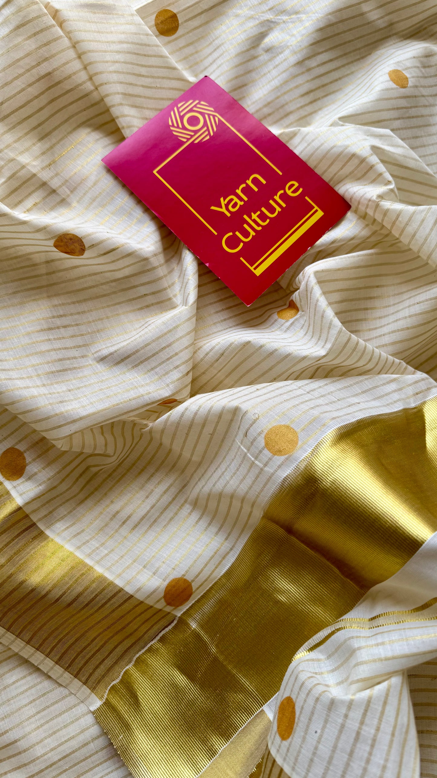 Ivory and gold with polka buttas, striped zari, kerala cotton - YCON25KCSPD77