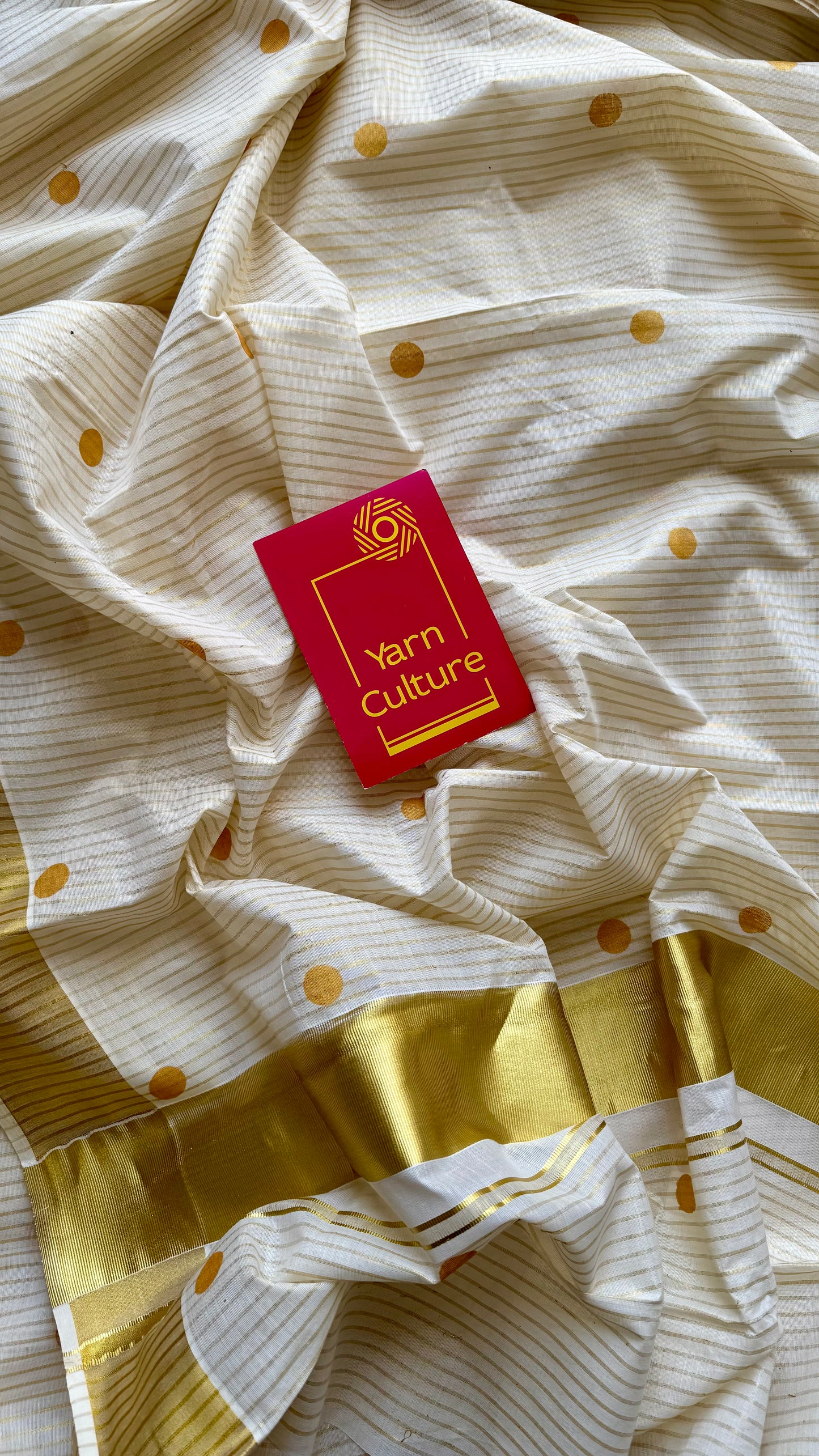 Ivory and gold with polka buttas, striped zari, kerala cotton - YCON25KCSPD77