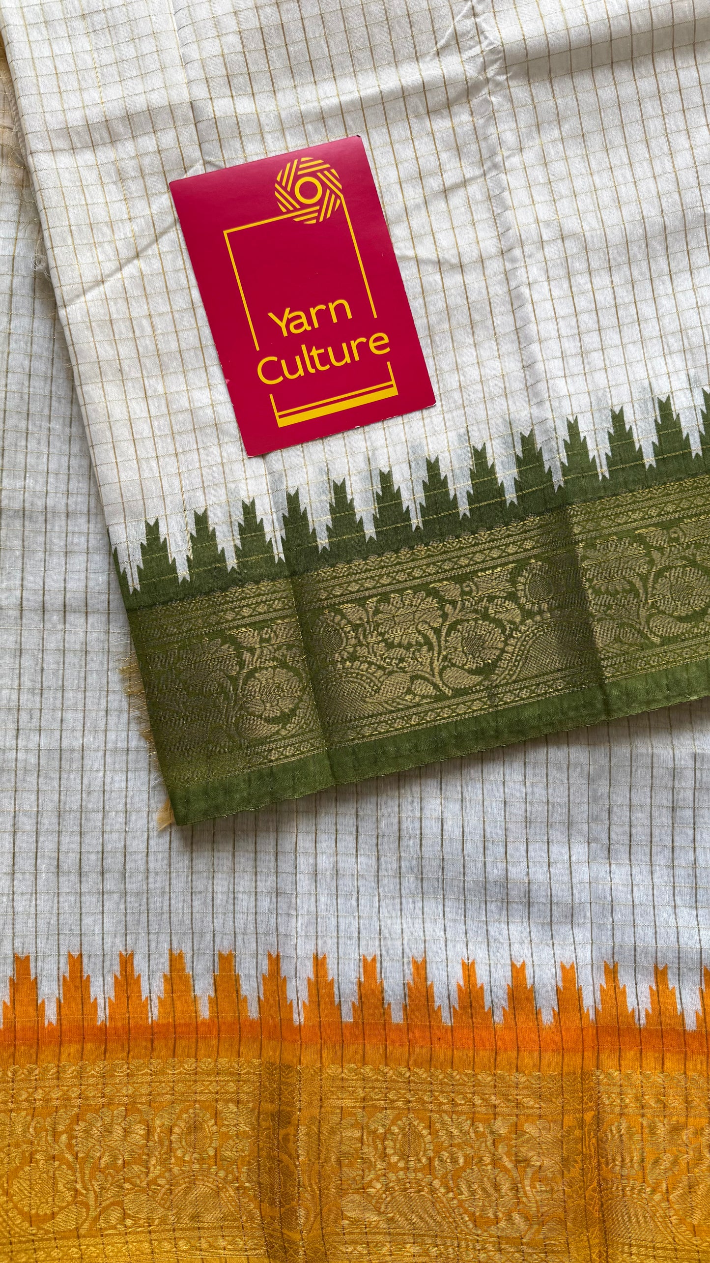 Green - Yellow - sungudi cotton checks, ivory gold base, soft cotton - YCON25COTN98