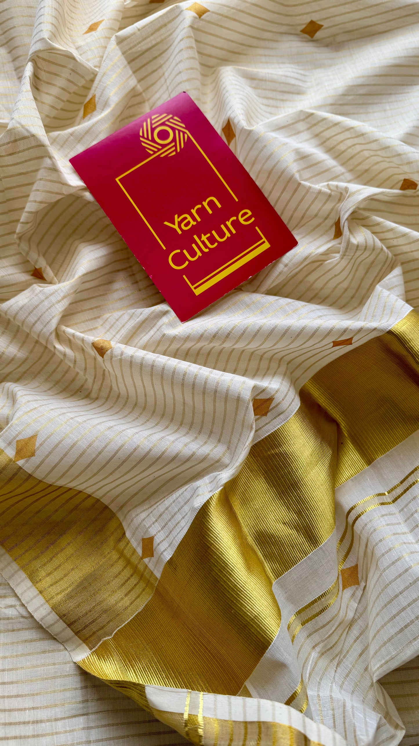Ivory and gold with buttas, striped zari, kerala tissue cotton - YCON25KCS76