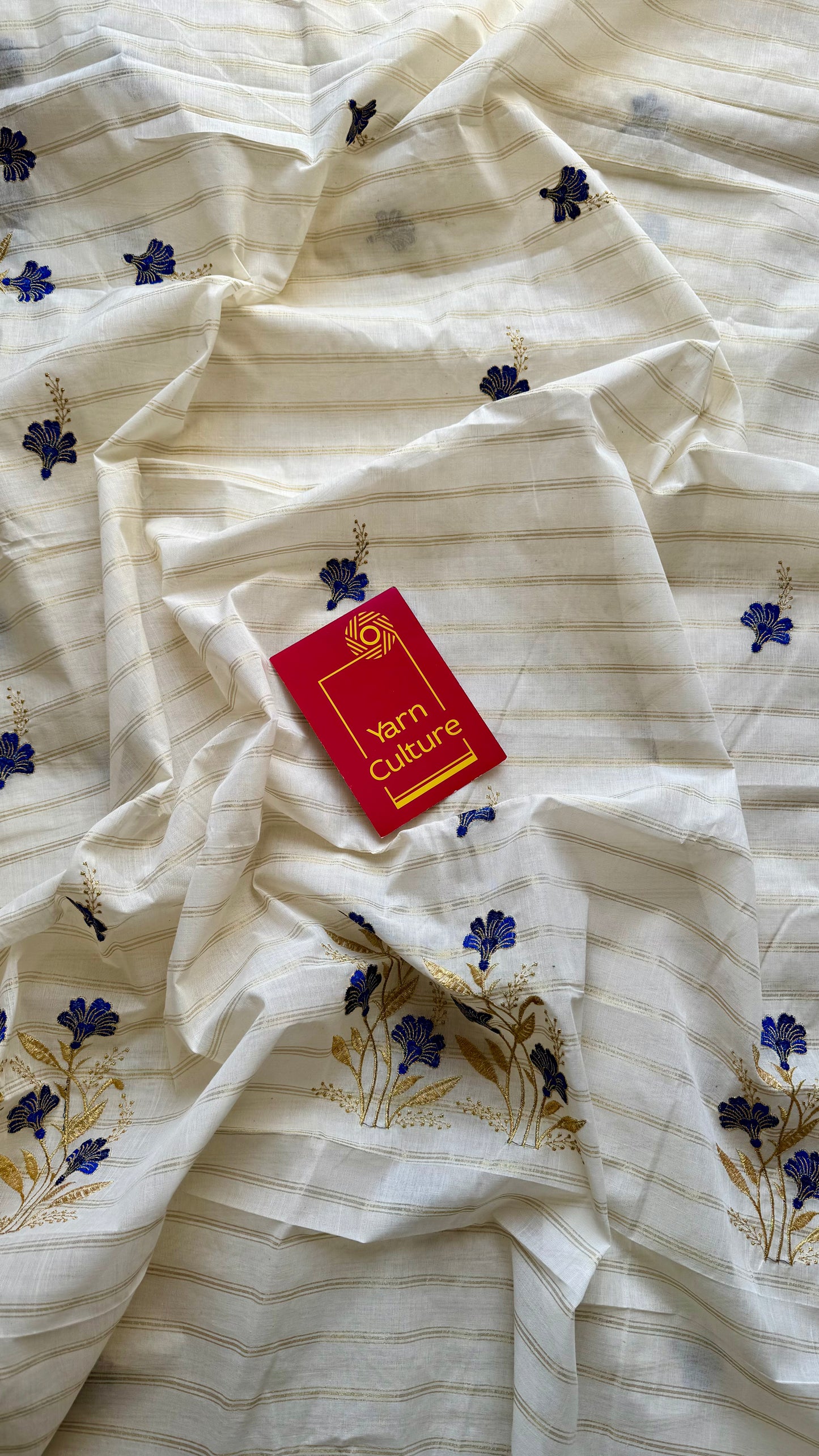 Ivory and gold with blue flower embroidery, striped zari, kerala cotton - YCON25KCSFE73