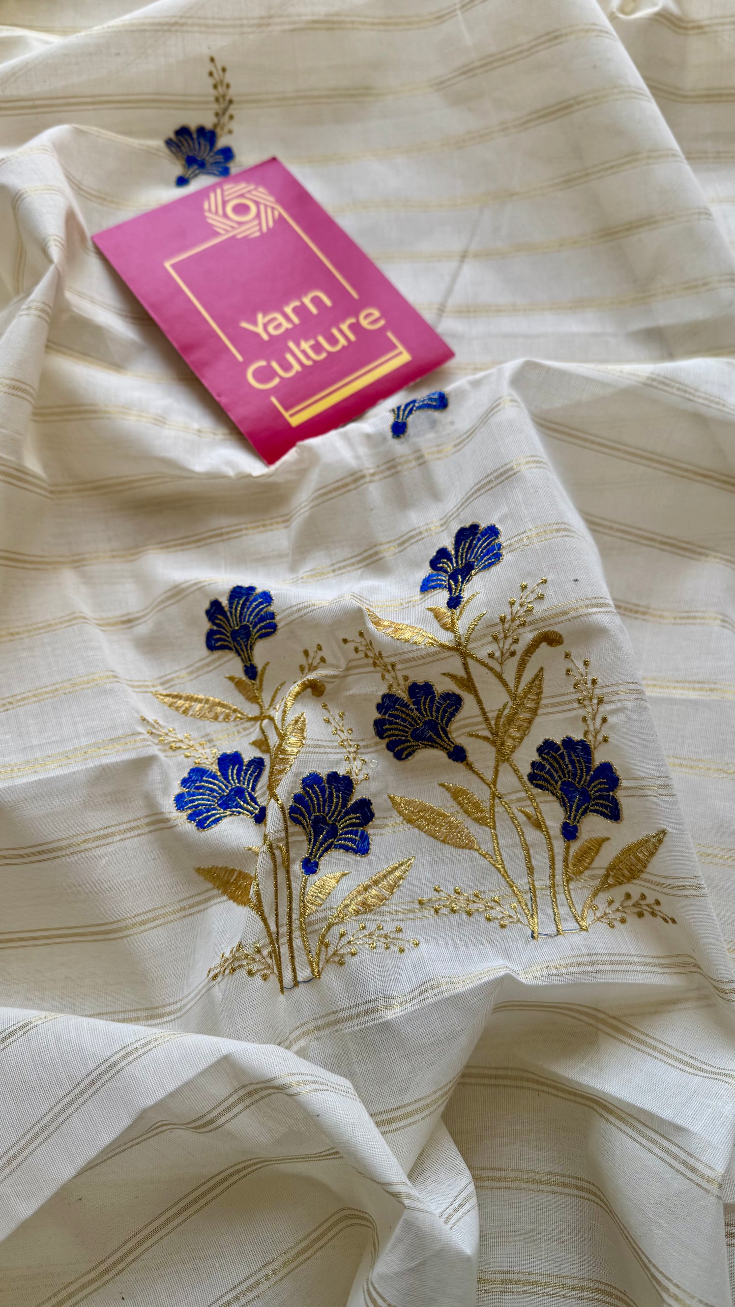 Ivory and gold with blue flower embroidery, striped zari, kerala cotton - YCON25KCSFE73