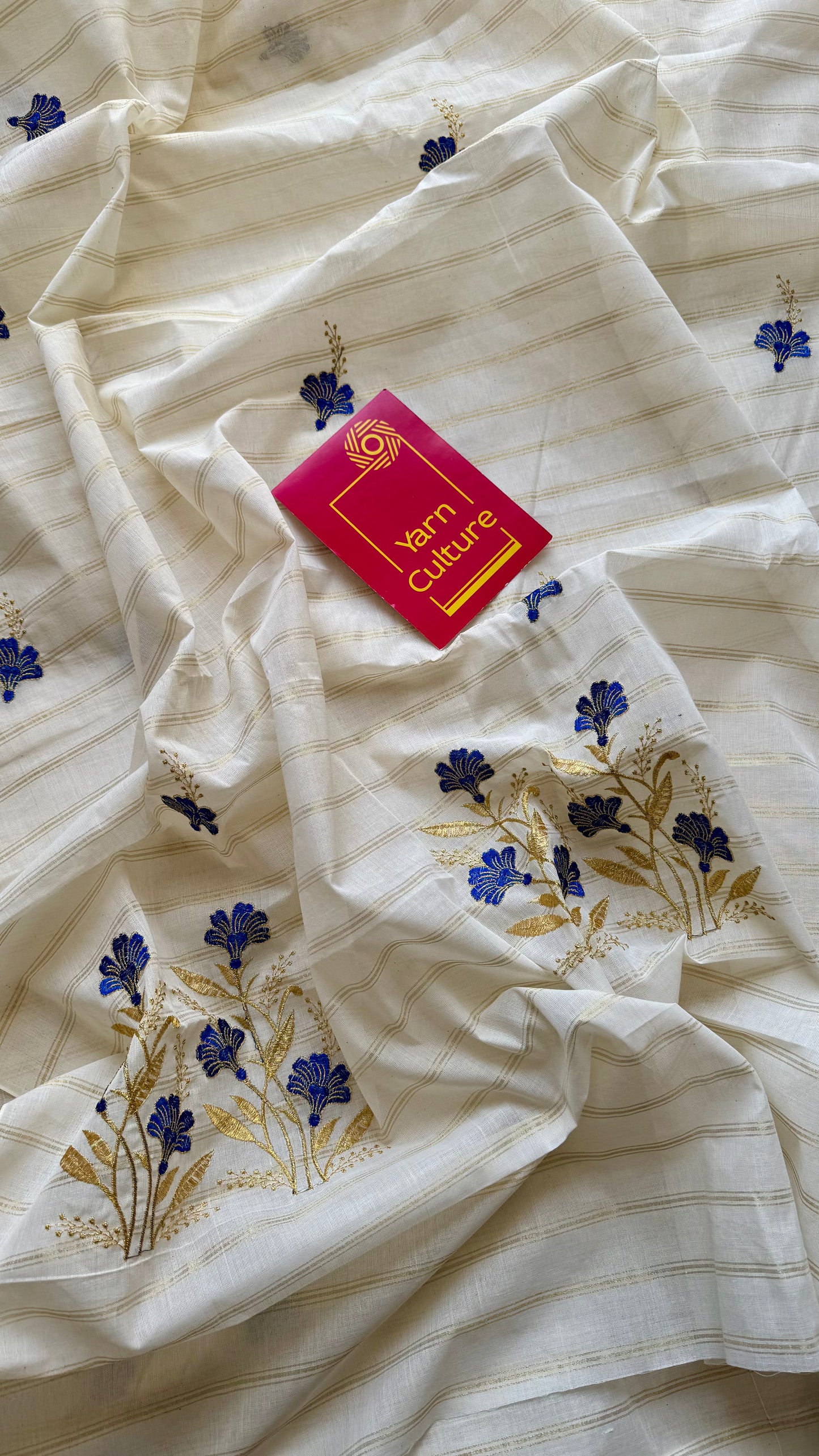 Ivory and gold with blue flower embroidery, striped zari, kerala cotton - YCON25KCSFE73