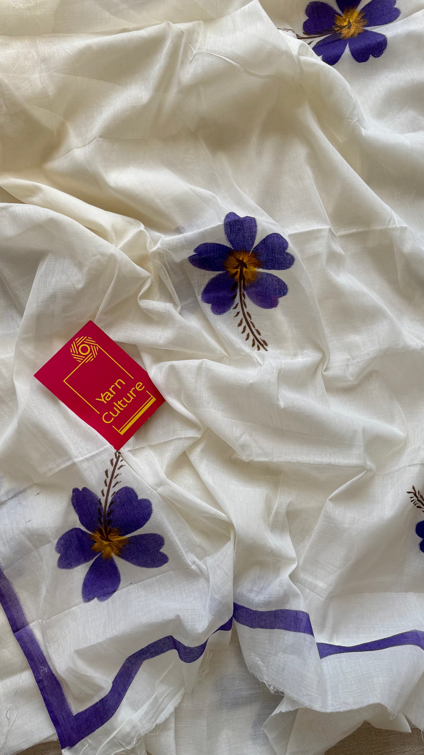 Ivory soft cotton with painted hibiscus flowers in violet - YCON25BCSC48
