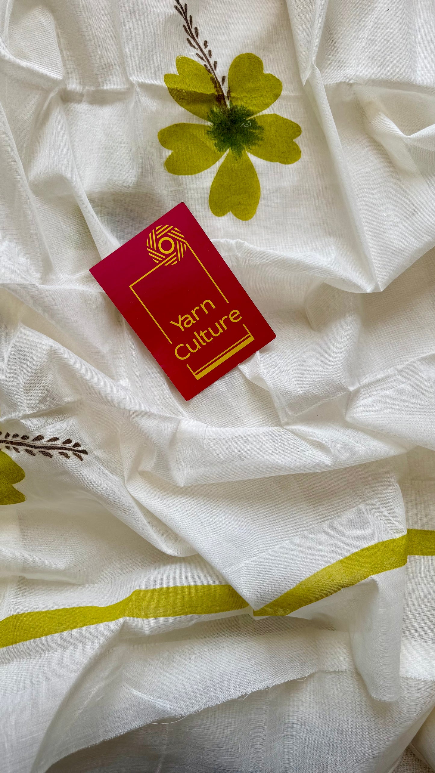 Ivory soft cotton with painted hibiscus flowers in green - YCON25BCSC46