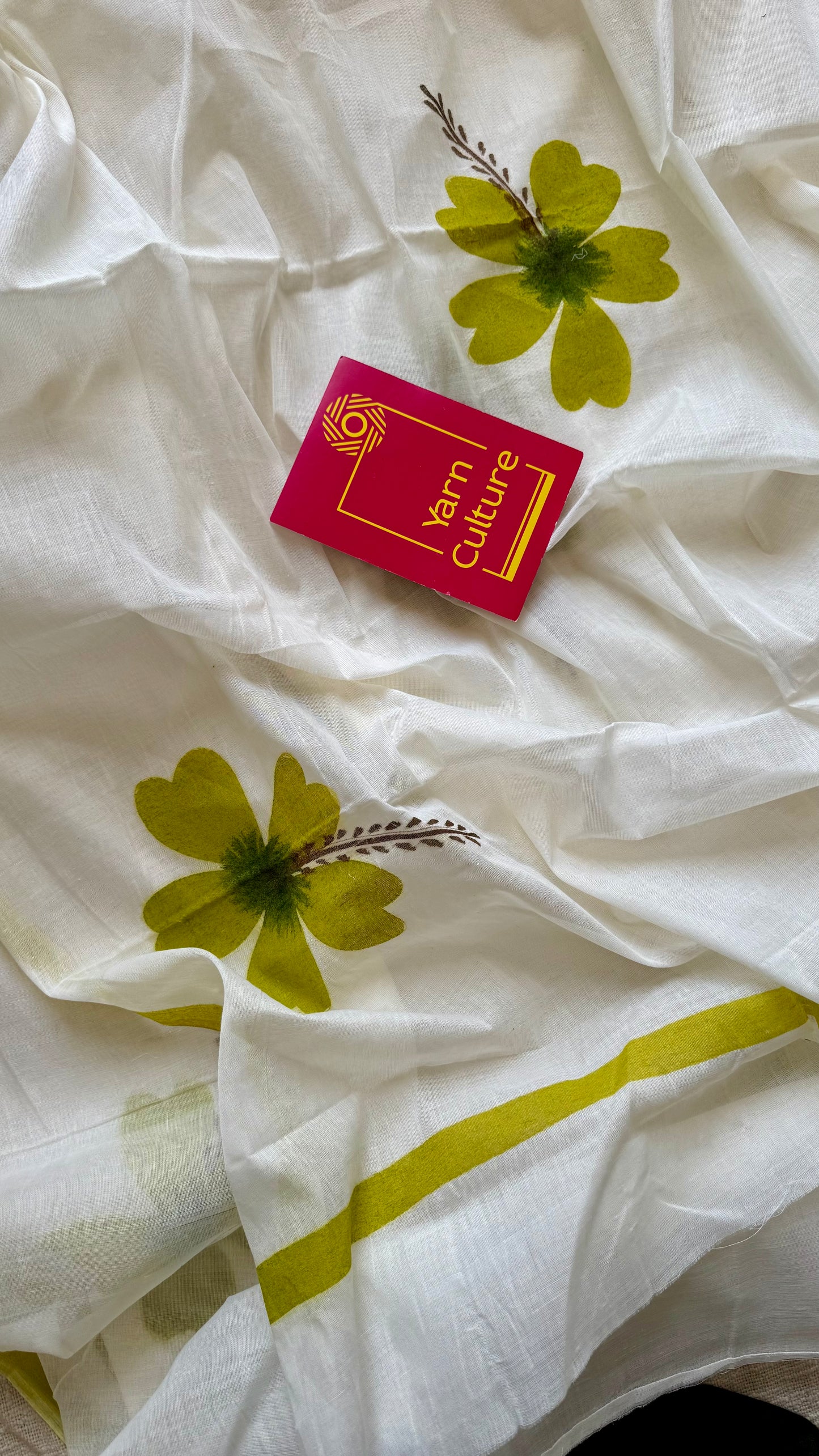 Ivory soft cotton with painted hibiscus flowers in green - YCON25BCSC46