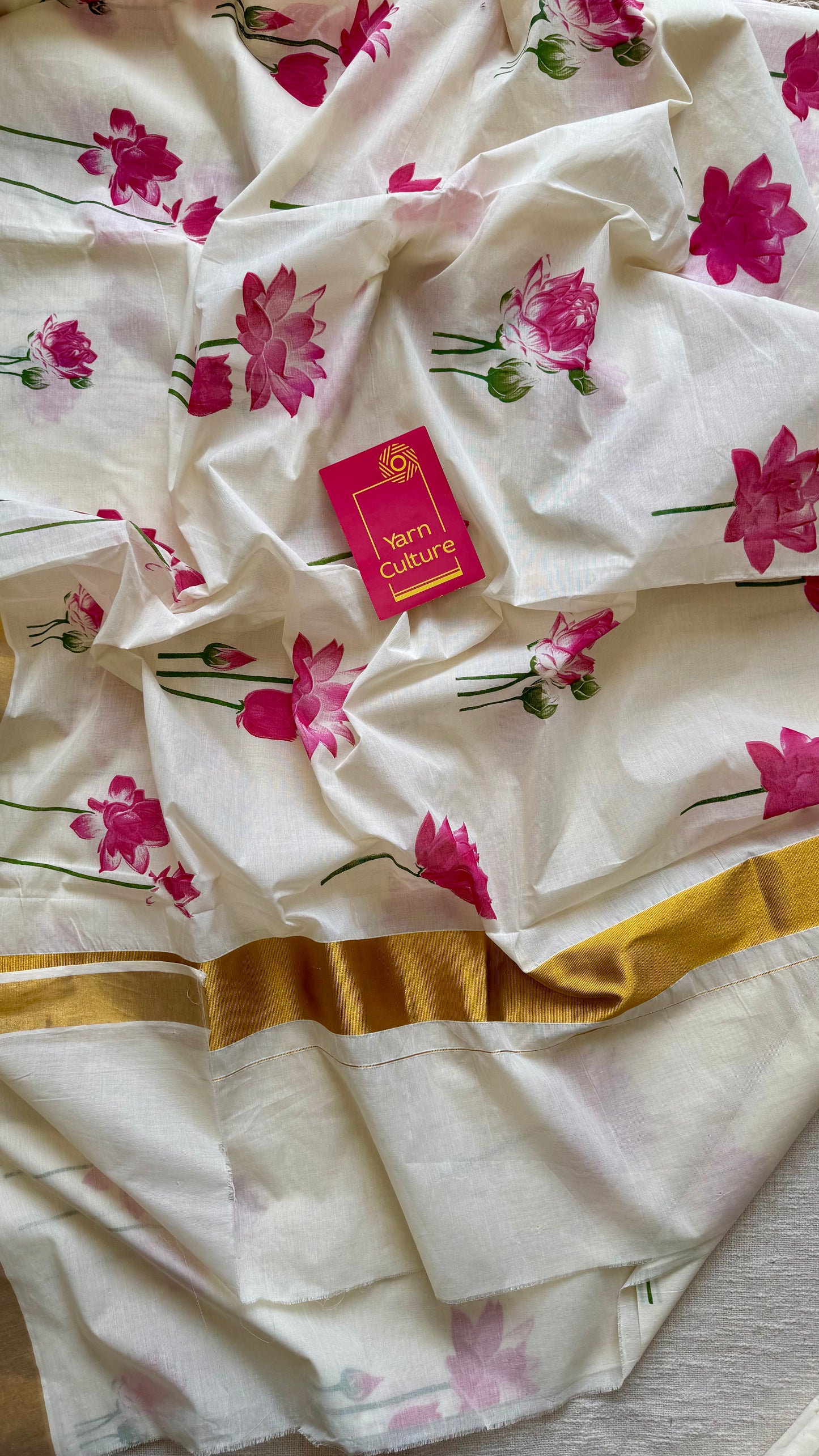 Geethi : Ivory and gold with vibrant pink lotuses, Kerala cotton - YCONKCE106