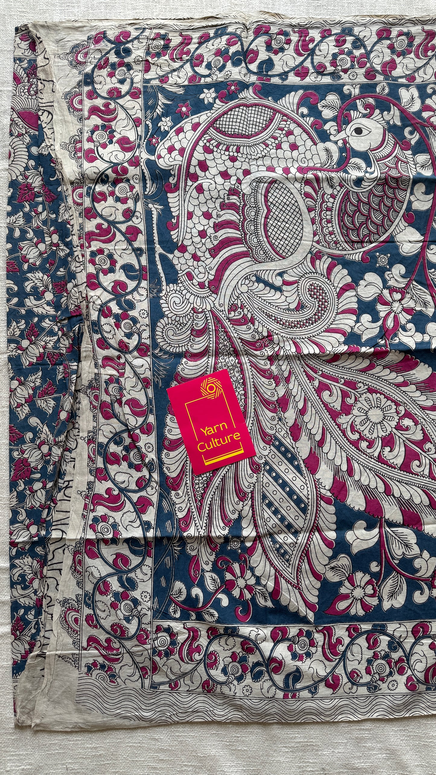 Peacock blue kalamkari, cream floral vines, soft cotton YCWOTDK09