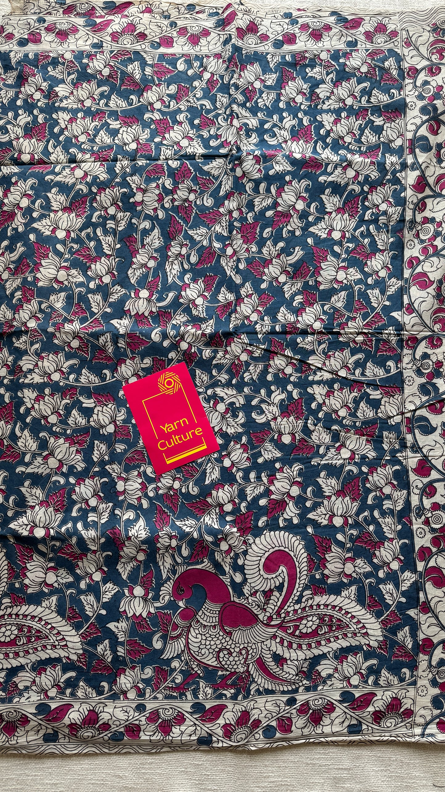 Peacock blue kalamkari, cream floral vines, soft cotton YCWOTDK09