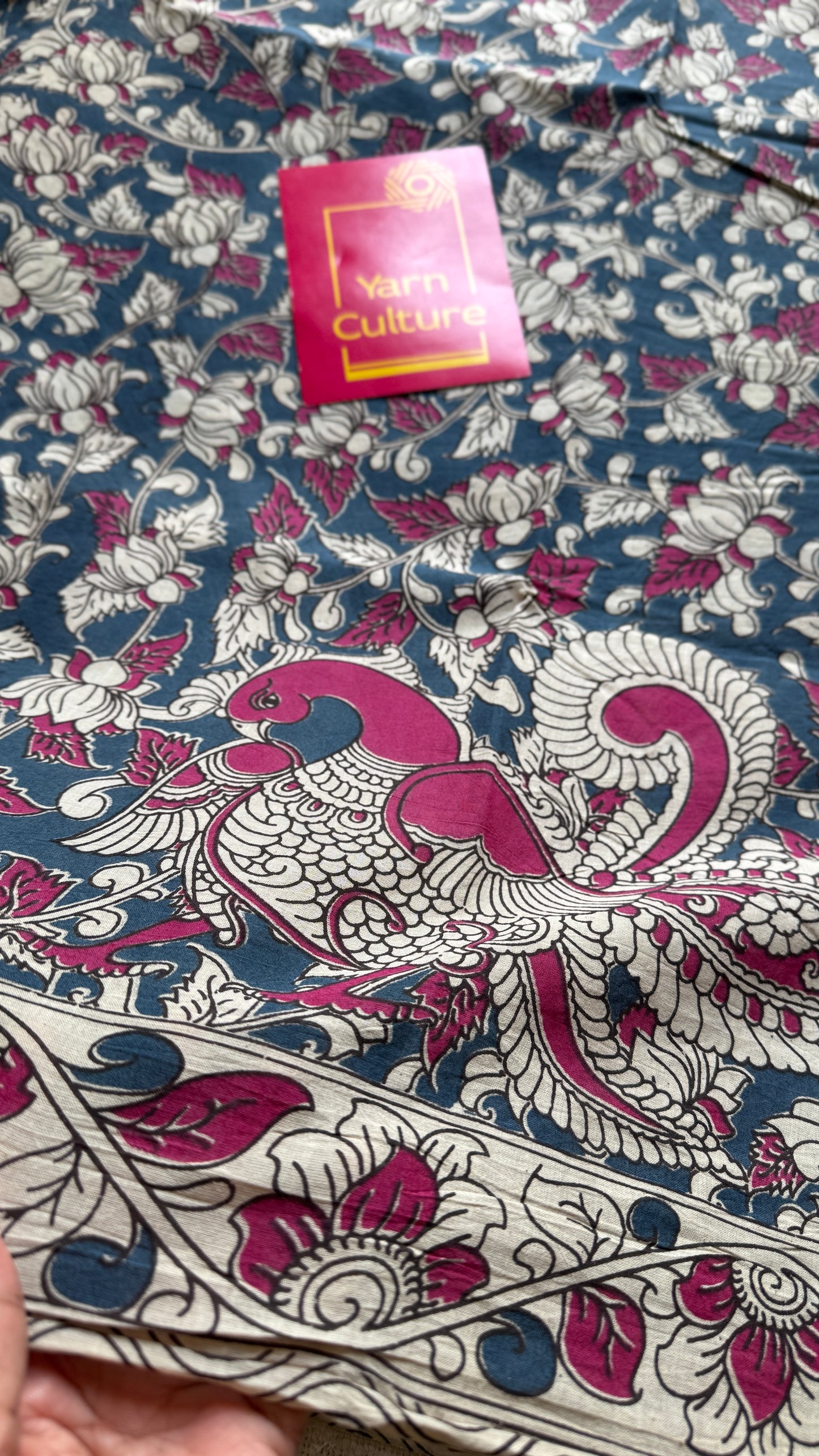 Peacock blue kalamkari, cream floral vines, soft cotton YCWOTDK09