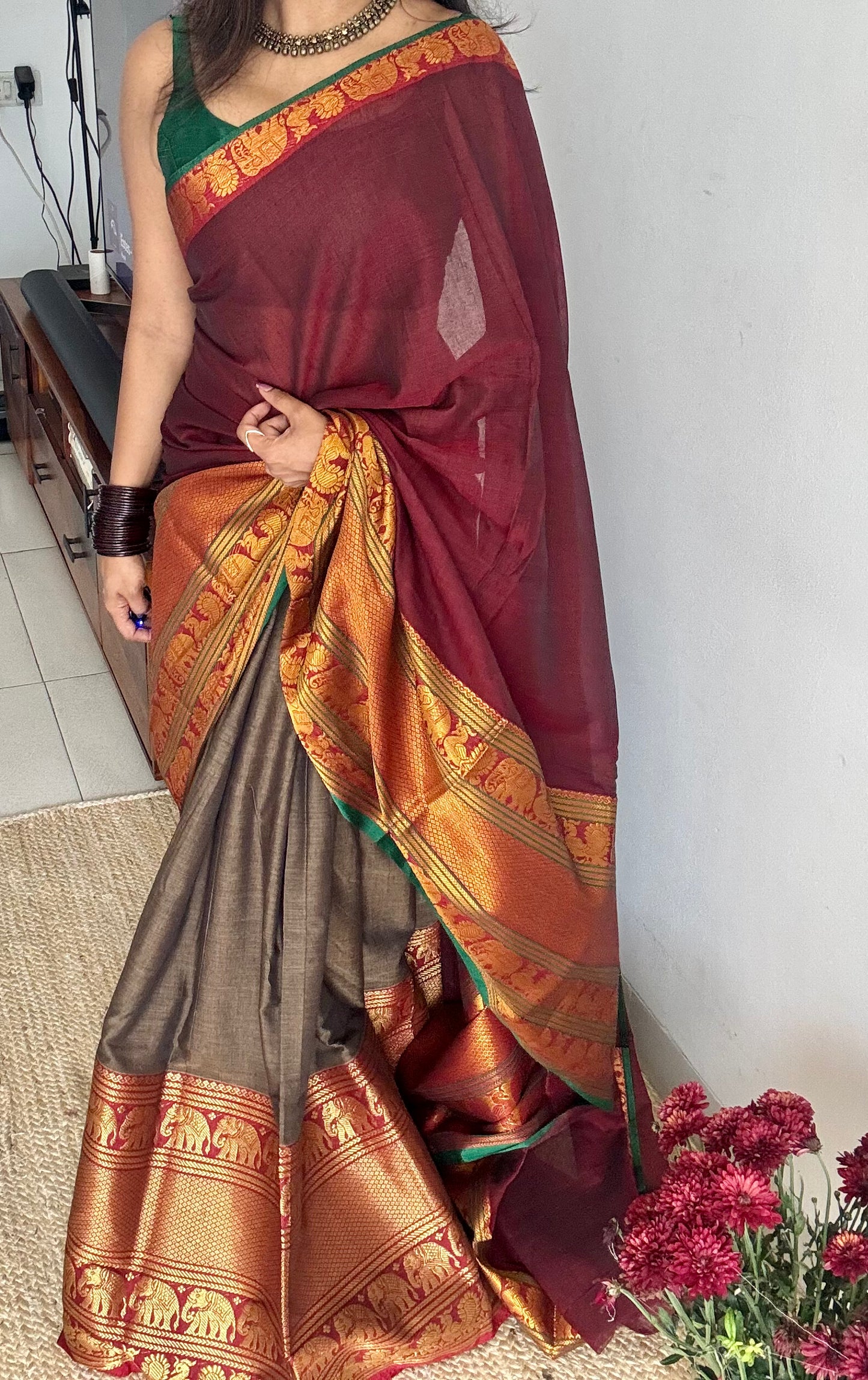Maroon - Grey (dhavani), unstitched material, soft cotton - YCAHSN11