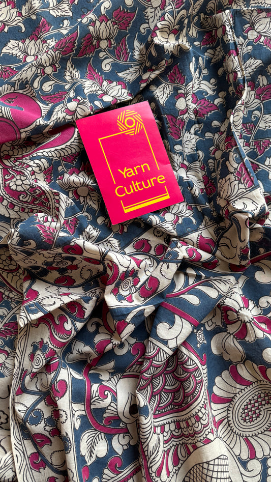 Peacock blue kalamkari, cream floral vines, soft cotton YCWOTDK09