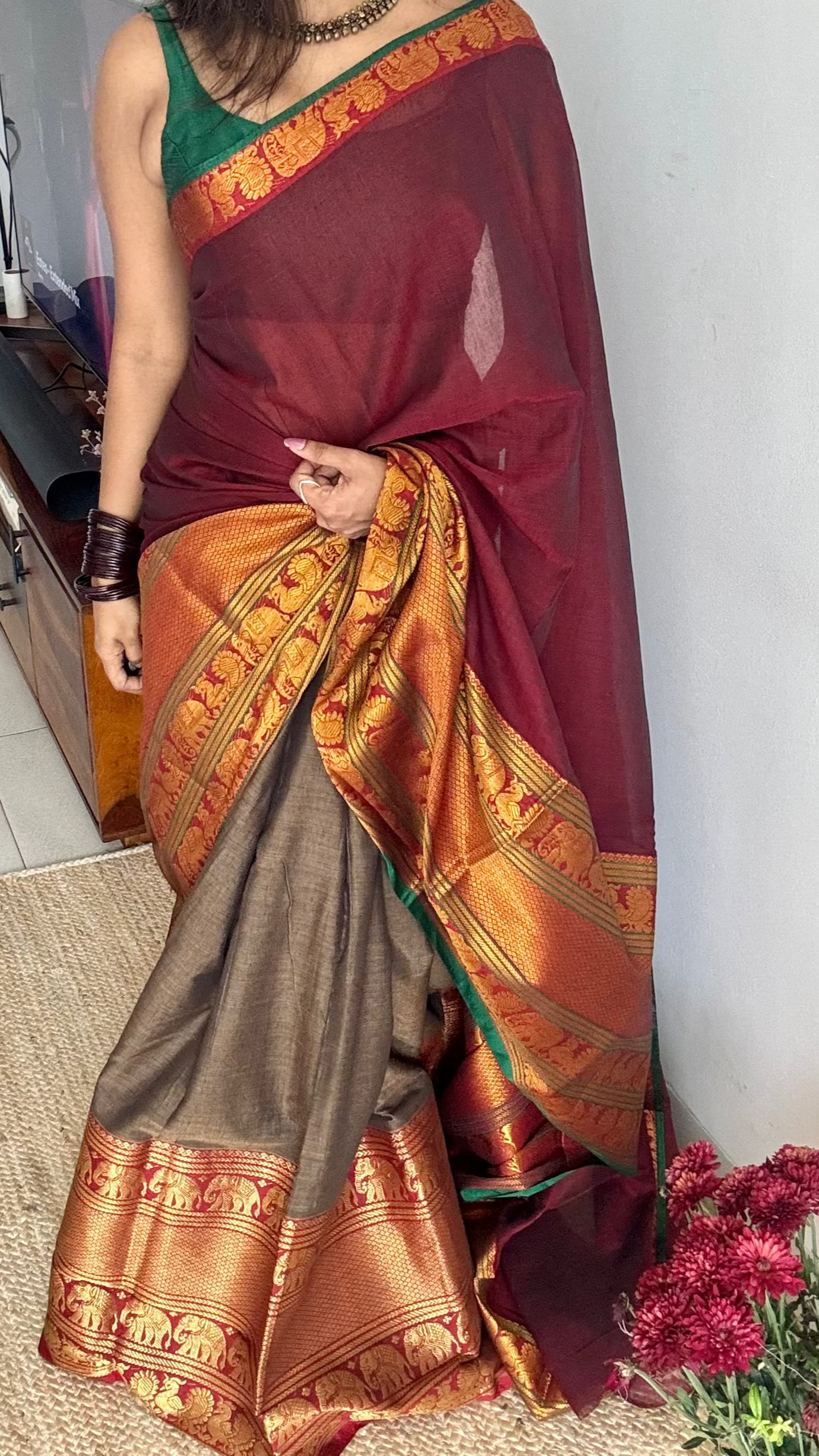 Maroon - Grey (dhavani), unstitched material, soft cotton - YCAHSN11