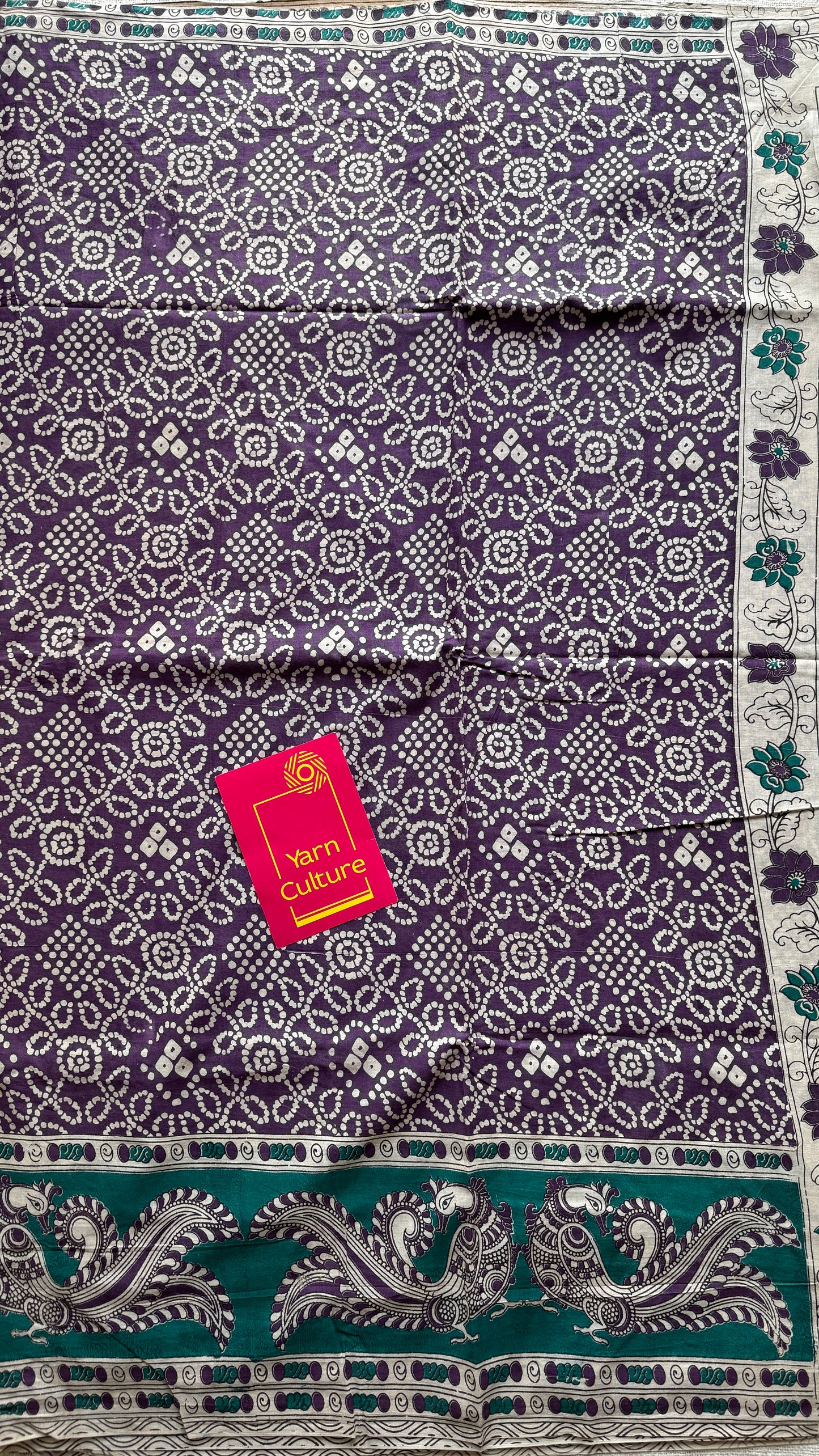 Violet kalamkari, cream floral vines, soft cotton YCWOTDK11