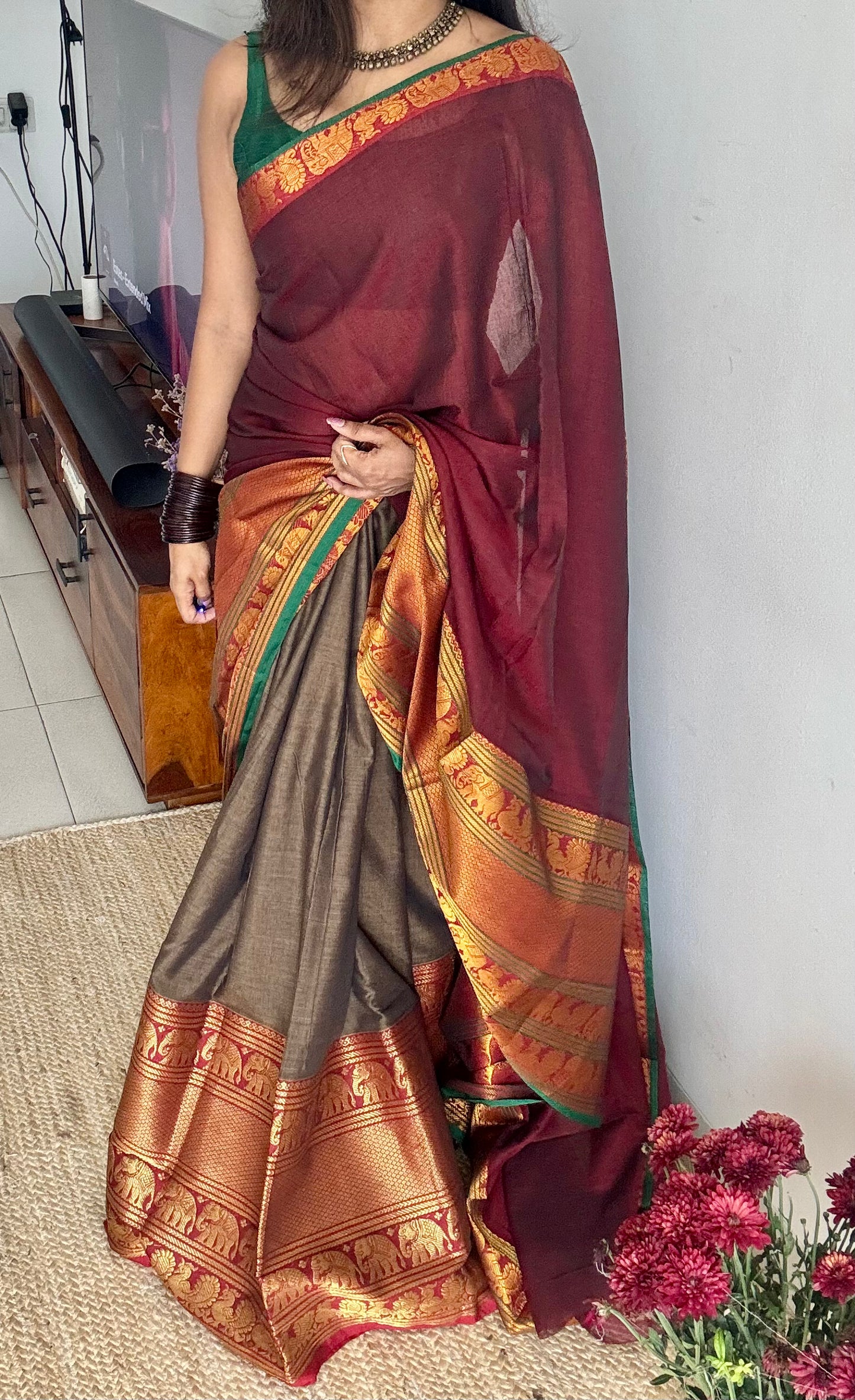 Maroon - Grey (dhavani), unstitched material, soft cotton - YCAHSN11
