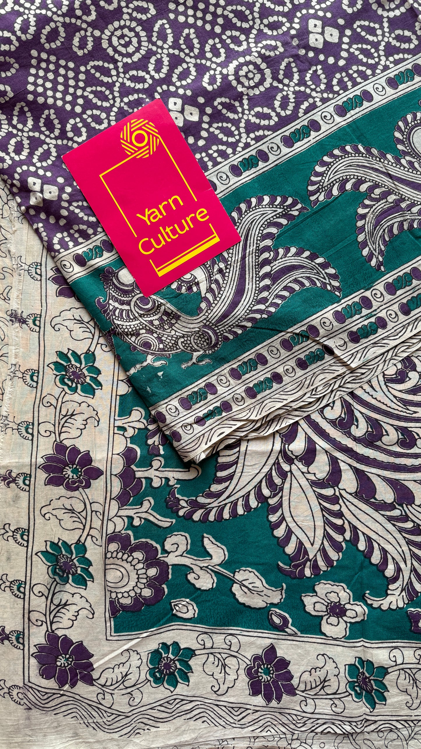 Violet kalamkari, cream floral vines, soft cotton YCWOTDK11