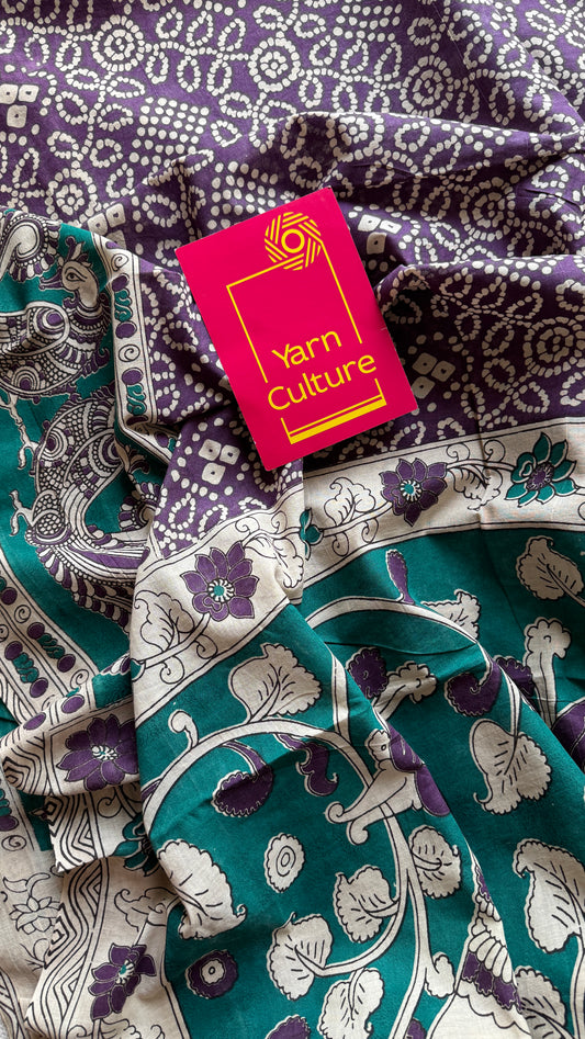 Violet kalamkari, cream floral vines, soft cotton YCWOTDK11