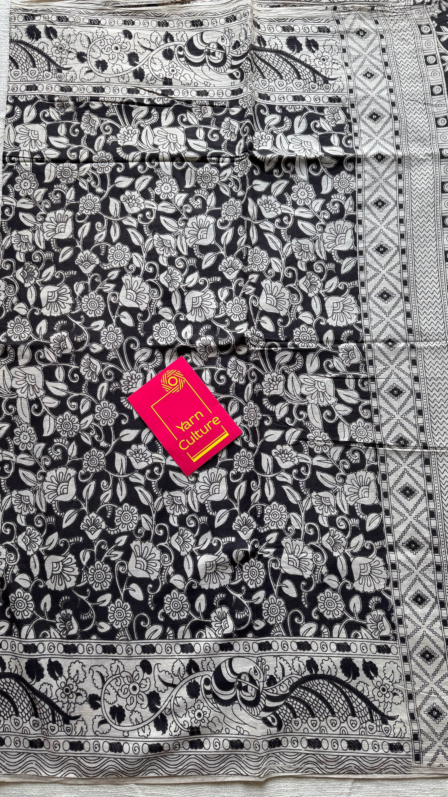 Black kalamkari, cream floral vines, soft cotton YCWOTDK10