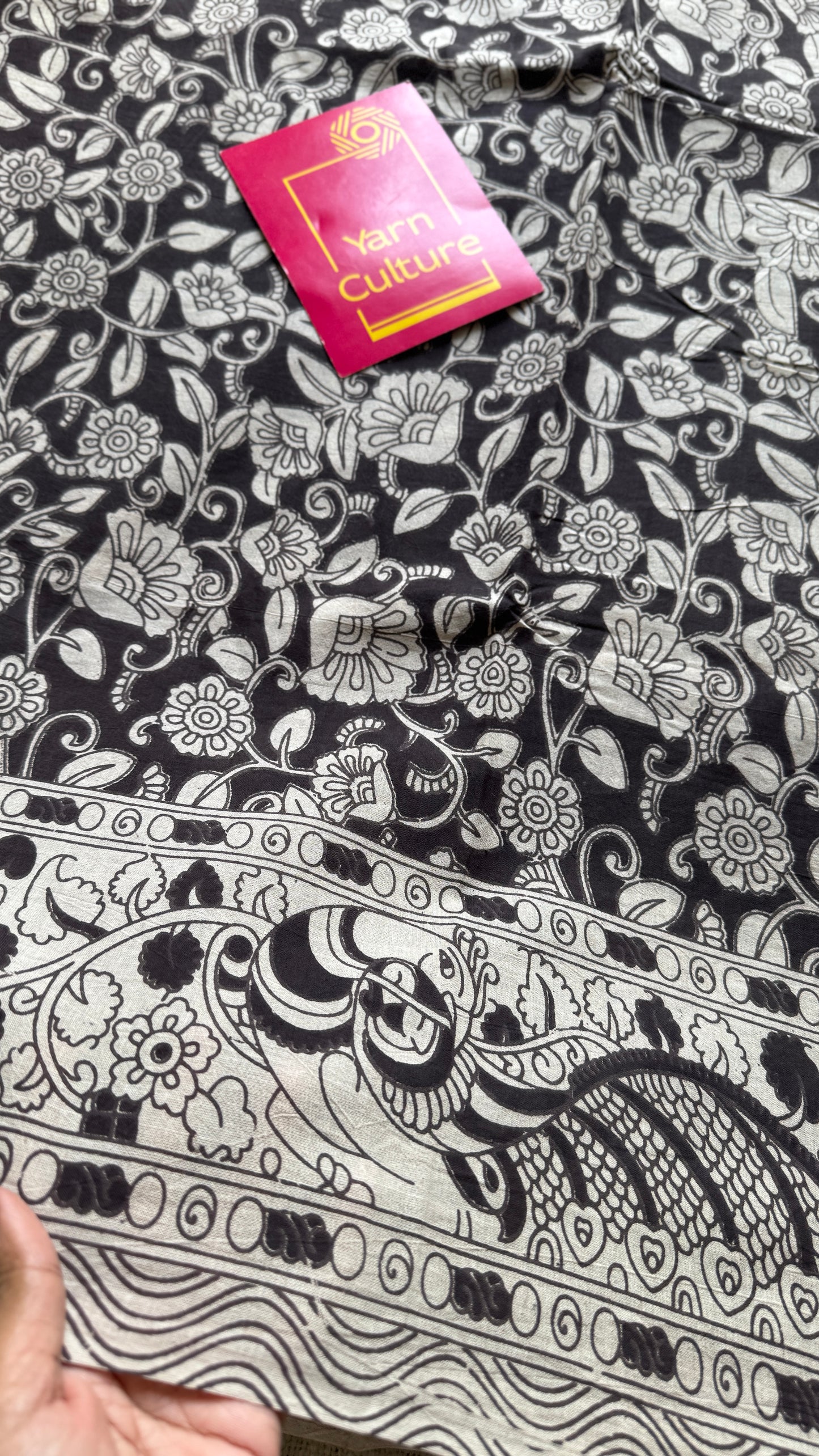 Black kalamkari, cream floral vines, soft cotton YCWOTDK10