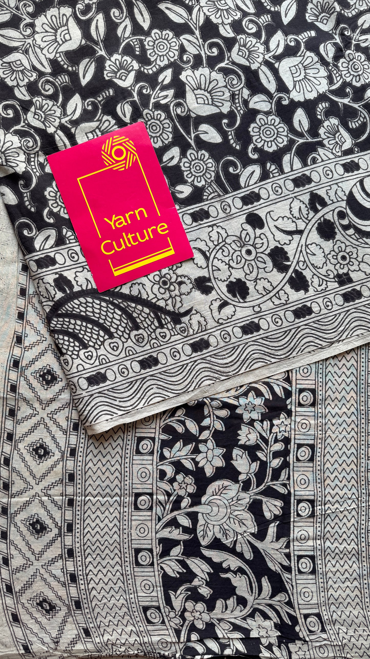 Black kalamkari, cream floral vines, soft cotton YCWOTDK10