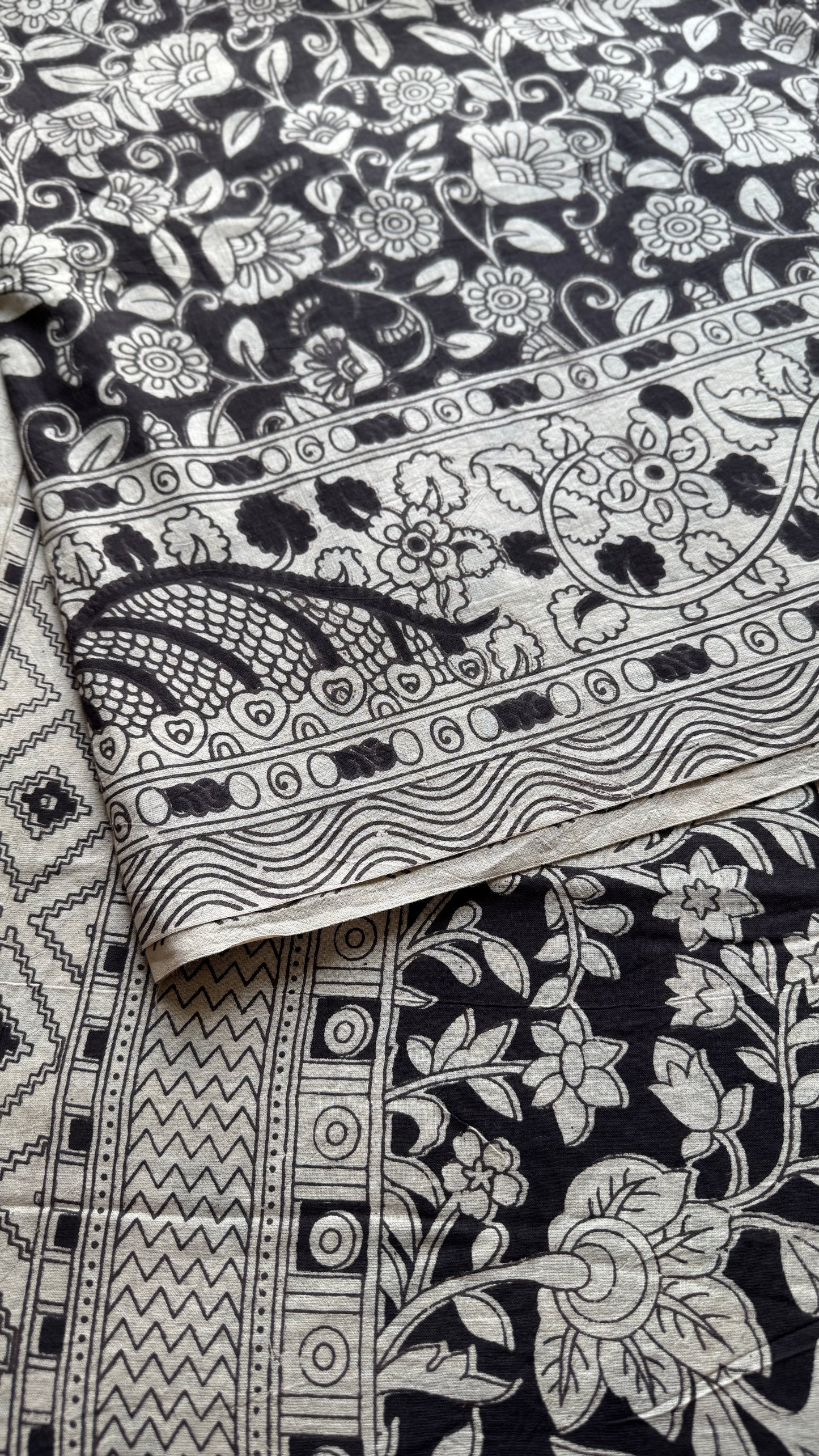 Black kalamkari, cream floral vines, soft cotton YCWOTDK10