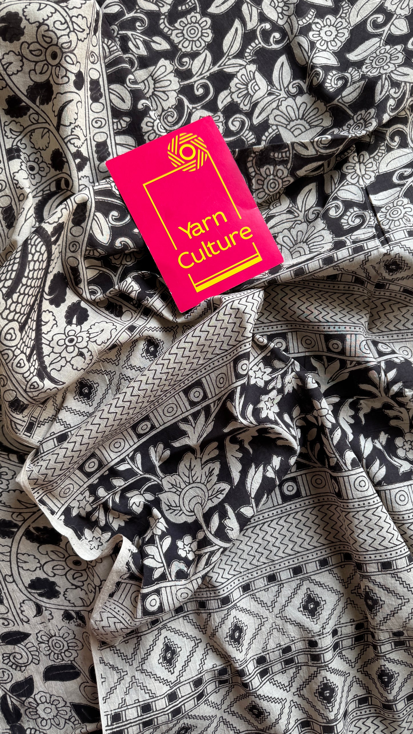 Black kalamkari, cream floral vines, soft cotton YCWOTDK10