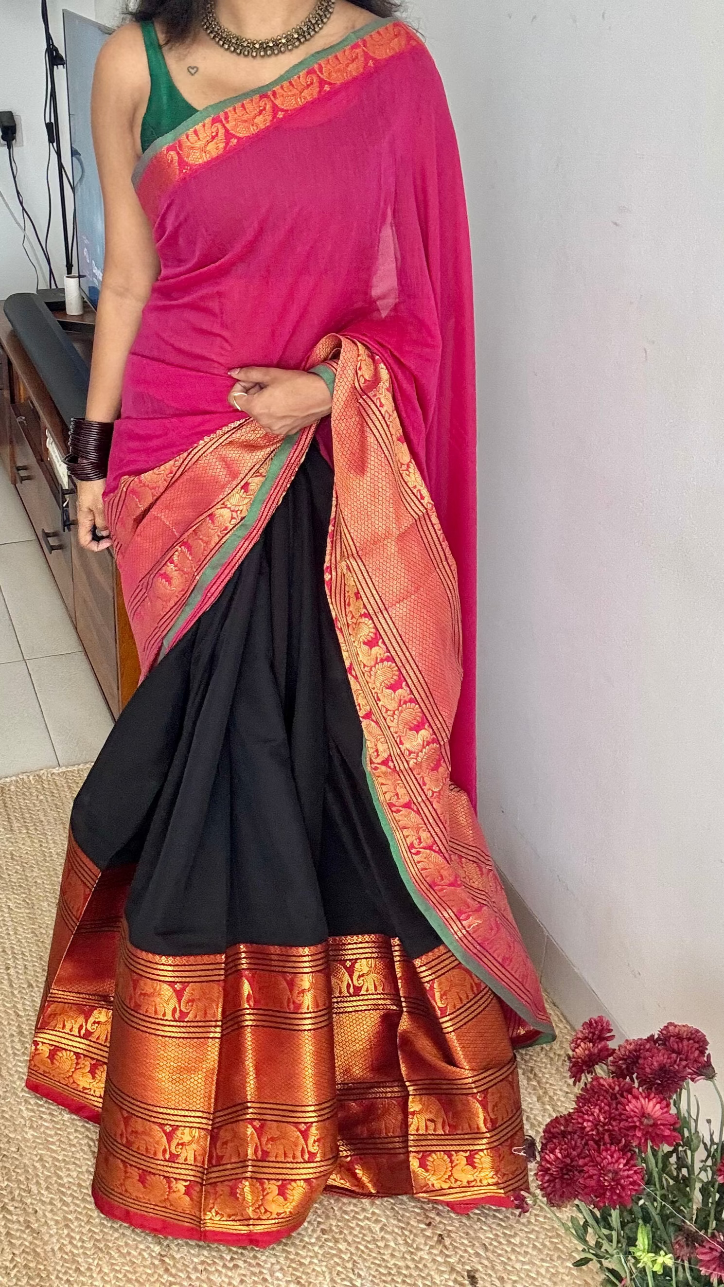 Hot pink Black (dhavani), unstitched material, soft cotton