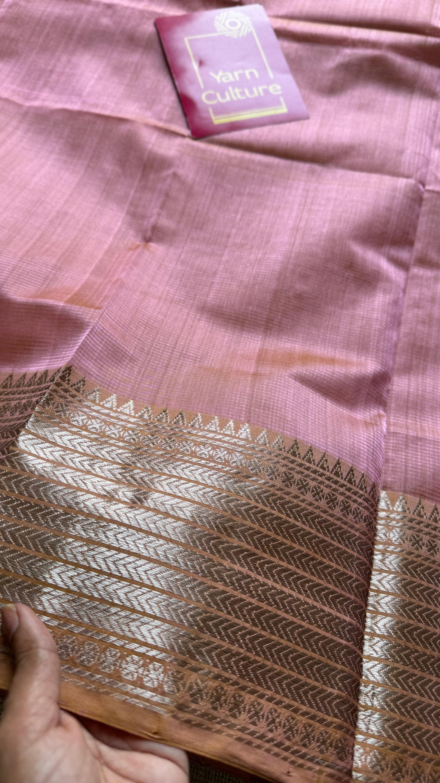 Peach pink with silver woven zari border, mangalgiri silk cotton, handwoven, soft, light weight- YCWOTDMSCM06