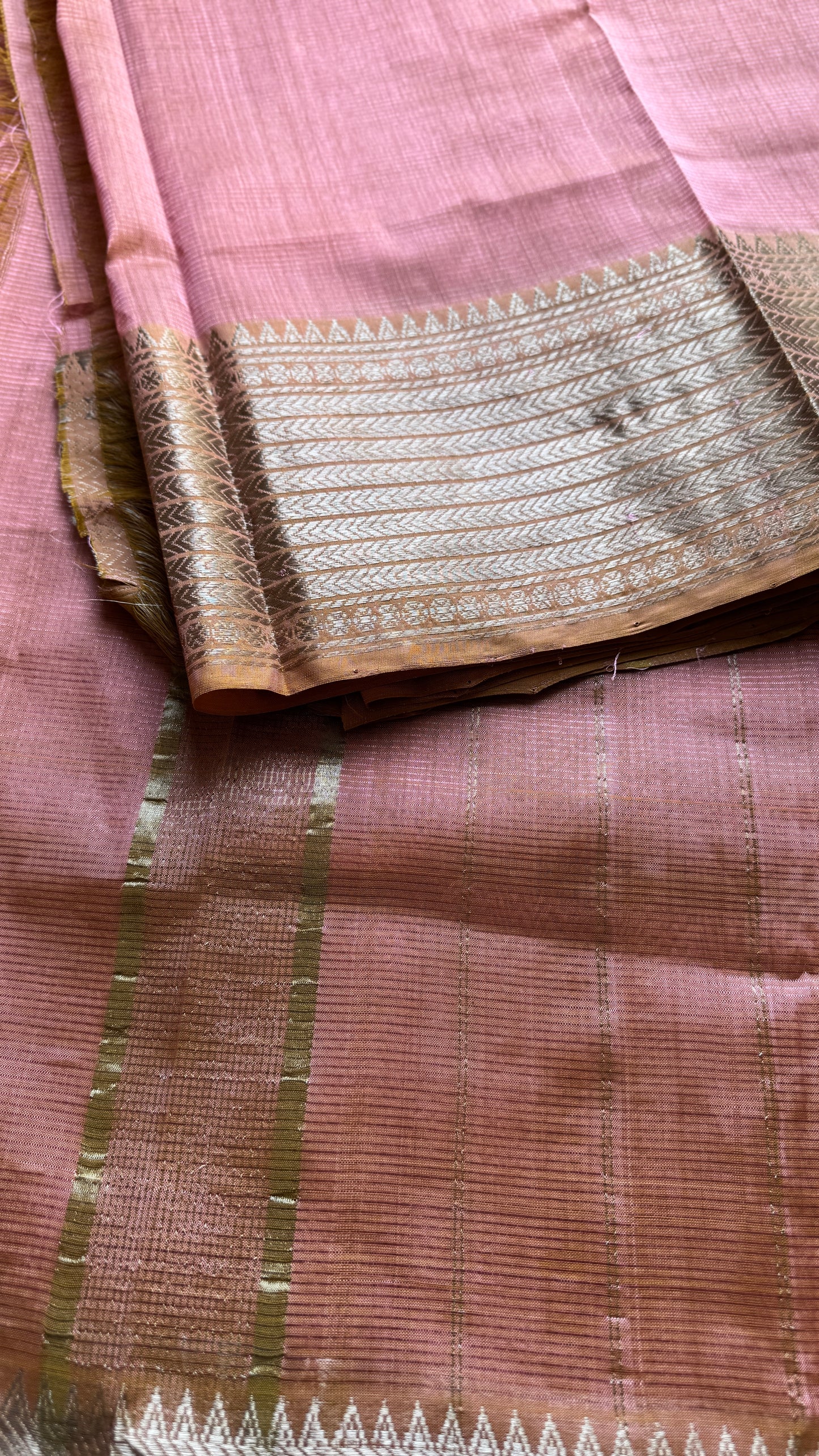Peach pink with silver woven zari border, mangalgiri silk cotton, handwoven, soft, light weight- YCWOTDMSCM06