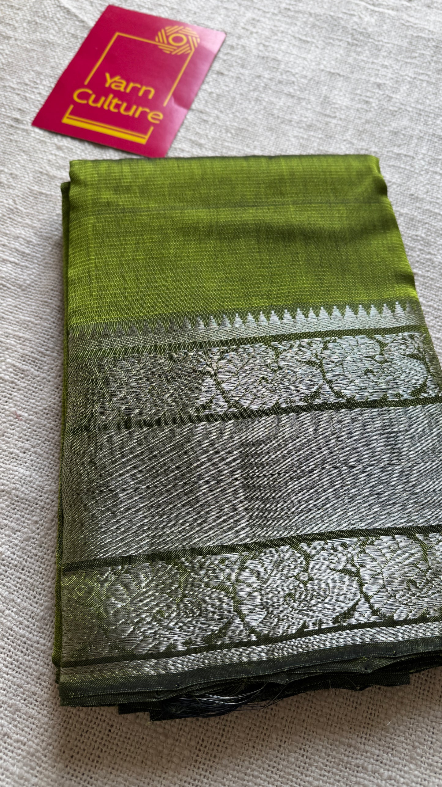 Olive green with silver peacock woven zari border, mangalgiri silk cotton, handwoven, soft, light weight- YCWOTDMSCM04