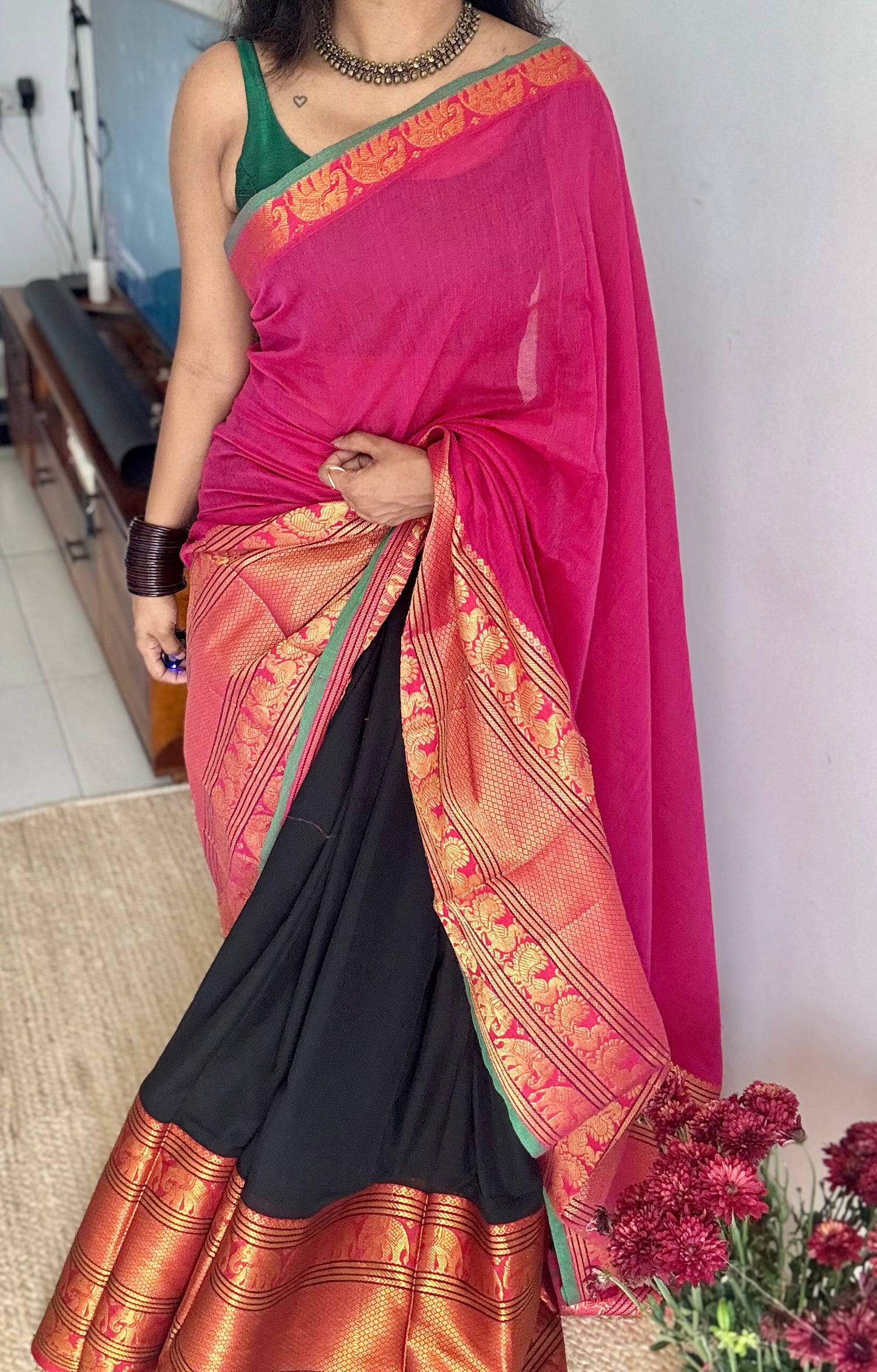 Hot pink - Black (dhavani), unstitched material, soft cotton - YCAHSN13