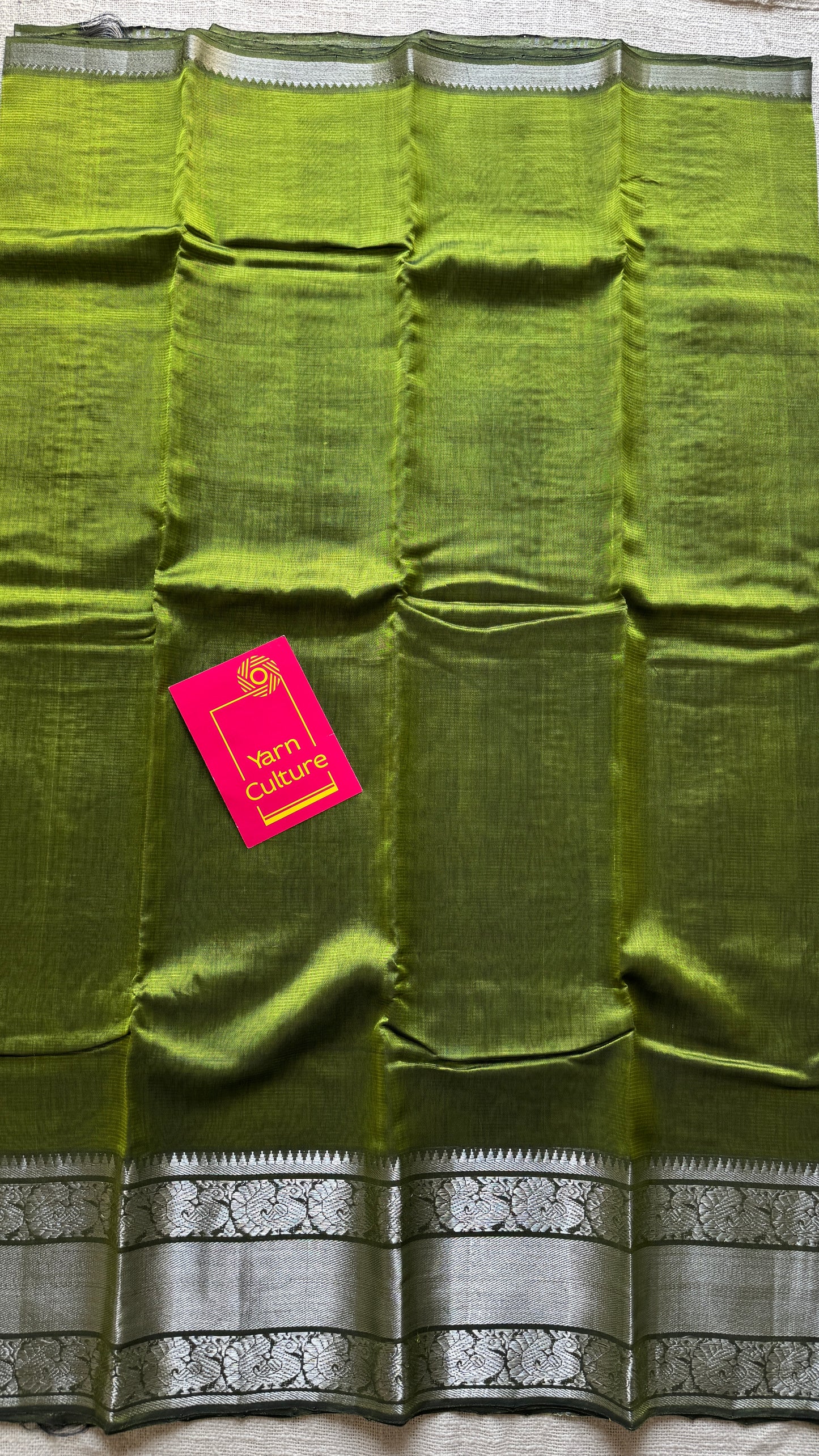 Olive green with silver peacock woven zari border, mangalgiri silk cotton, handwoven, soft, light weight- YCWOTDMSCM04