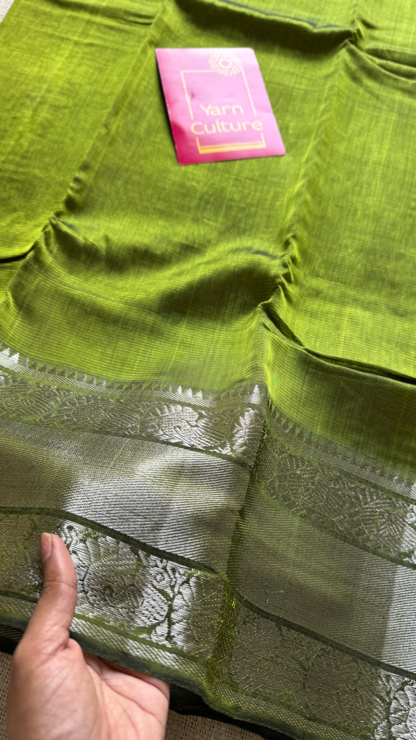 Olive green with silver peacock woven zari border, mangalgiri silk cotton, handwoven, soft, light weight- YCWOTDMSCM04