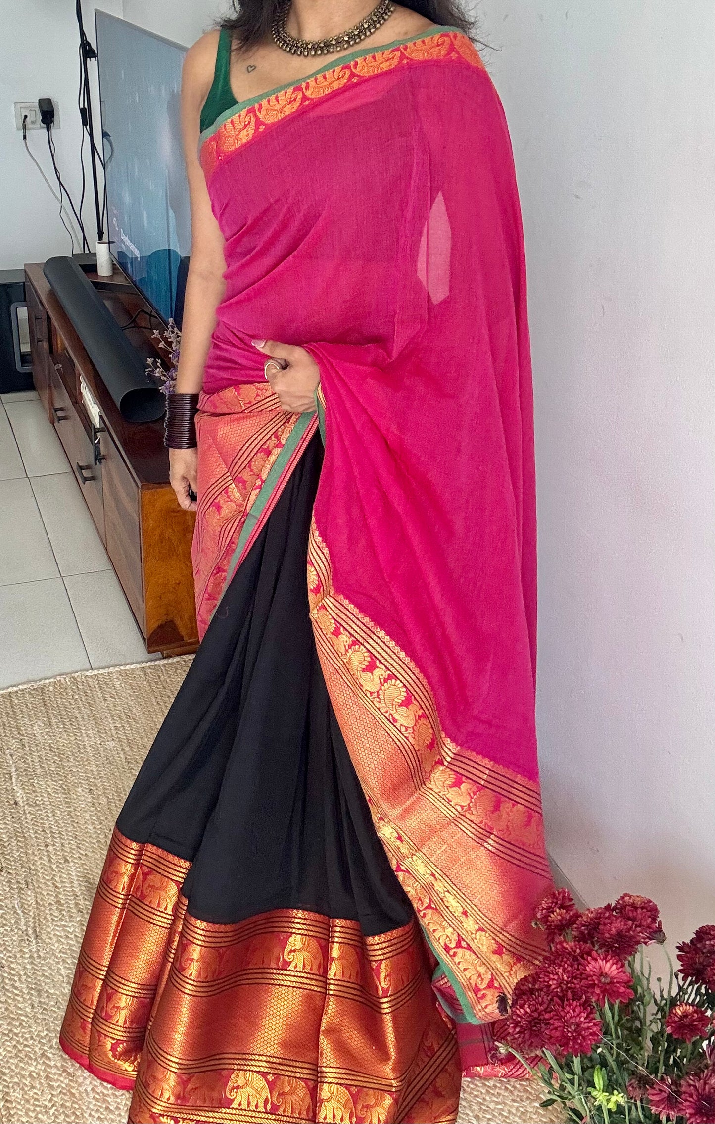 Hot pink - Black (dhavani), unstitched material, soft cotton - YCAHSN13
