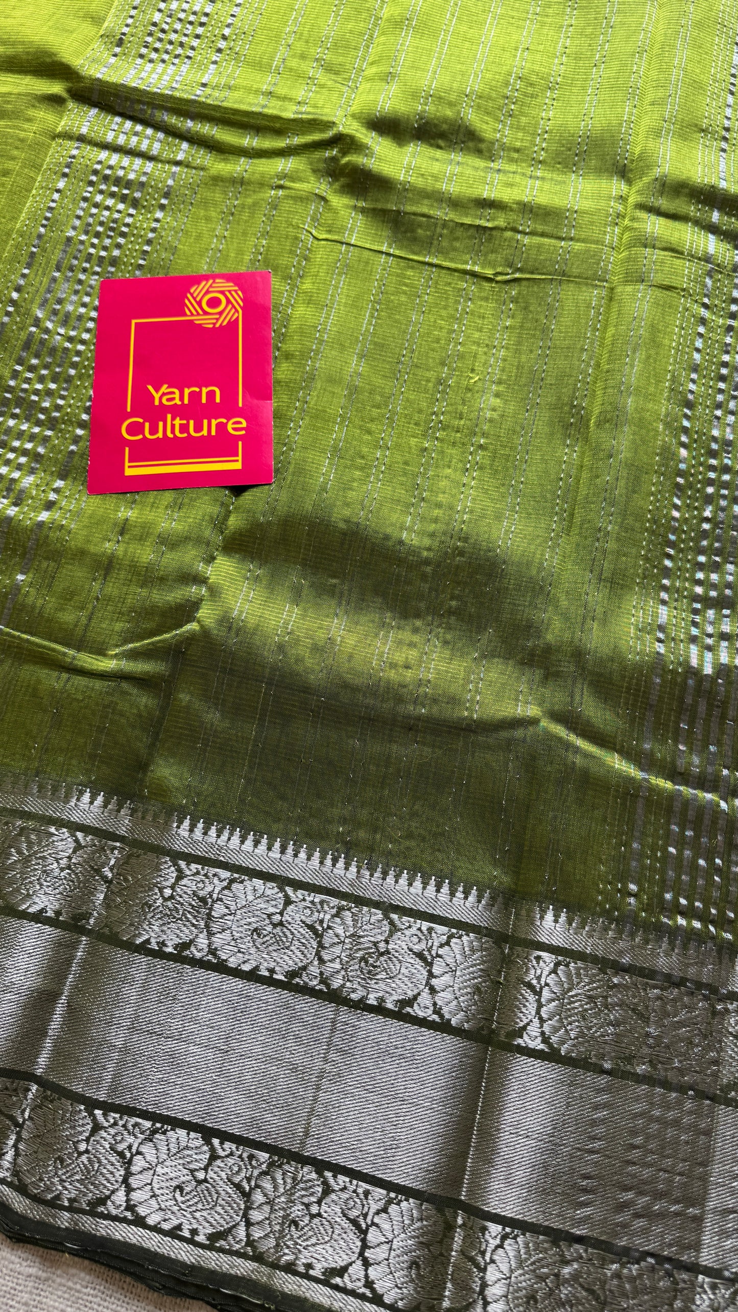Olive green with silver peacock woven zari border, mangalgiri silk cotton, handwoven, soft, light weight- YCWOTDMSCM04