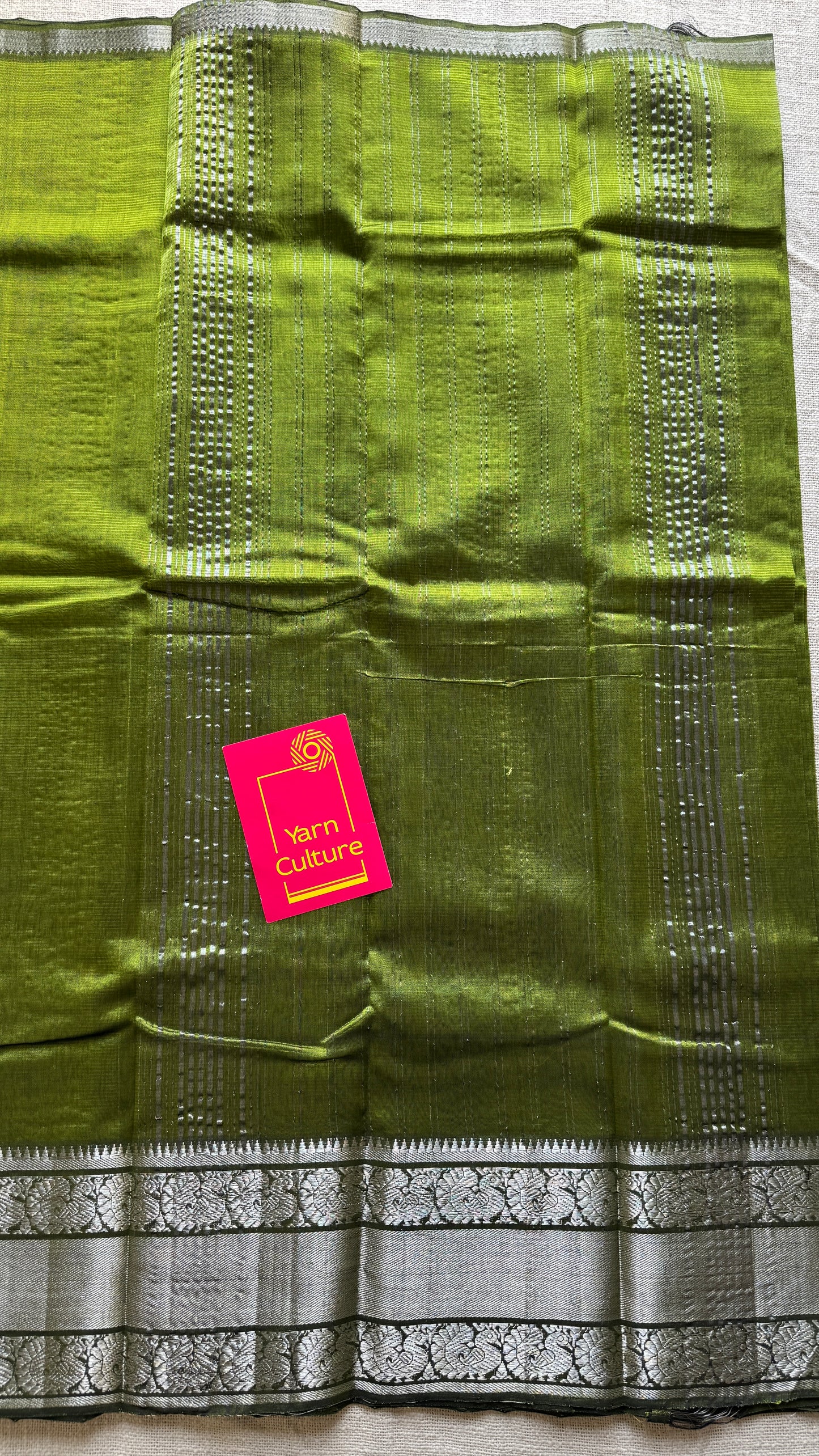 Olive green with silver peacock woven zari border, mangalgiri silk cotton, handwoven, soft, light weight- YCWOTDMSCM04