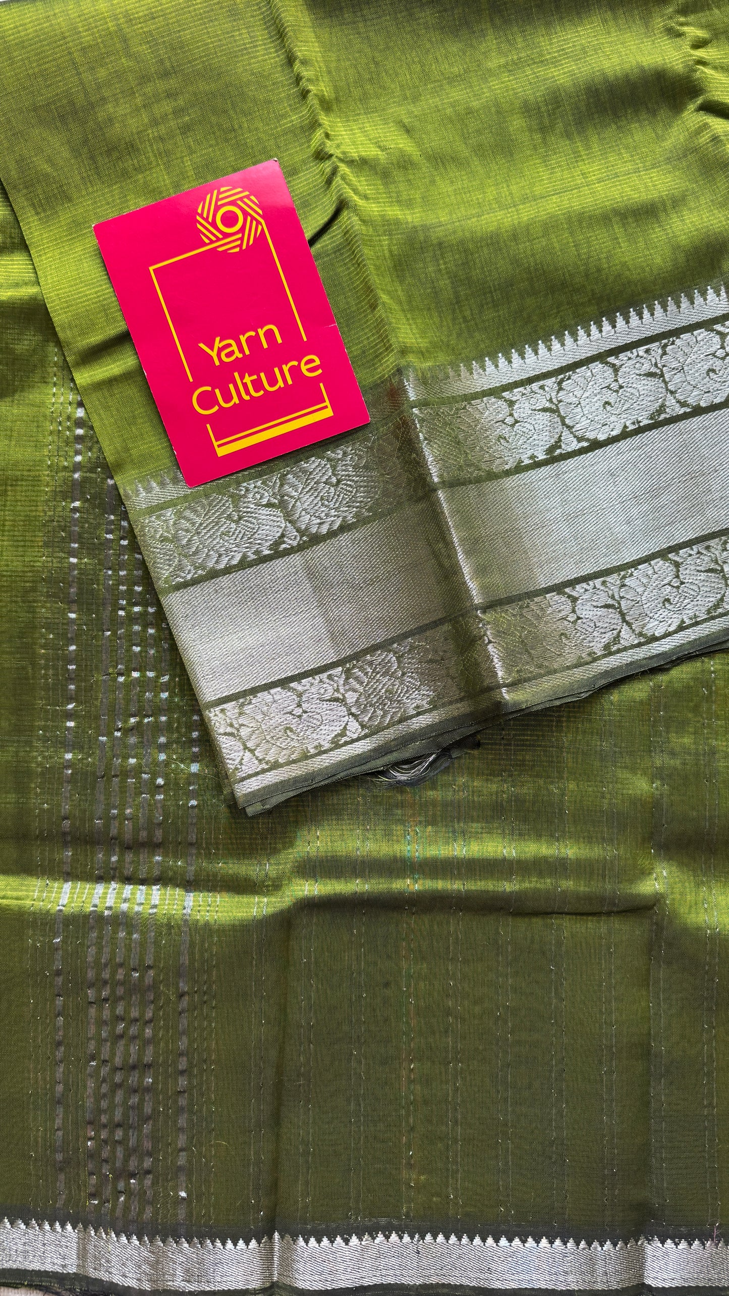 Olive green with silver peacock woven zari border, mangalgiri silk cotton, handwoven, soft, light weight- YCWOTDMSCM04