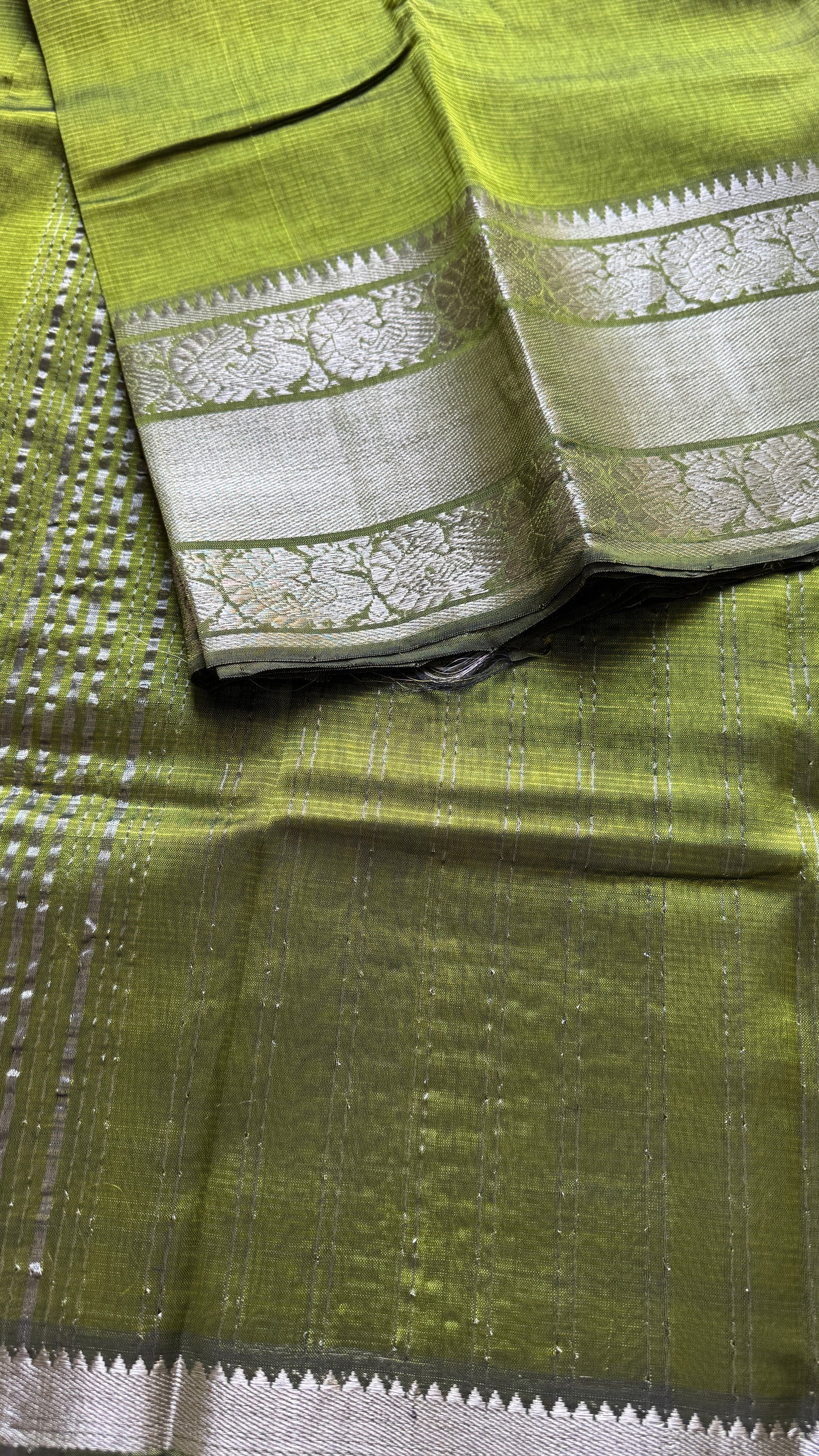 Olive green with silver peacock woven zari border, mangalgiri silk cotton, handwoven, soft, light weight- YCWOTDMSCM04