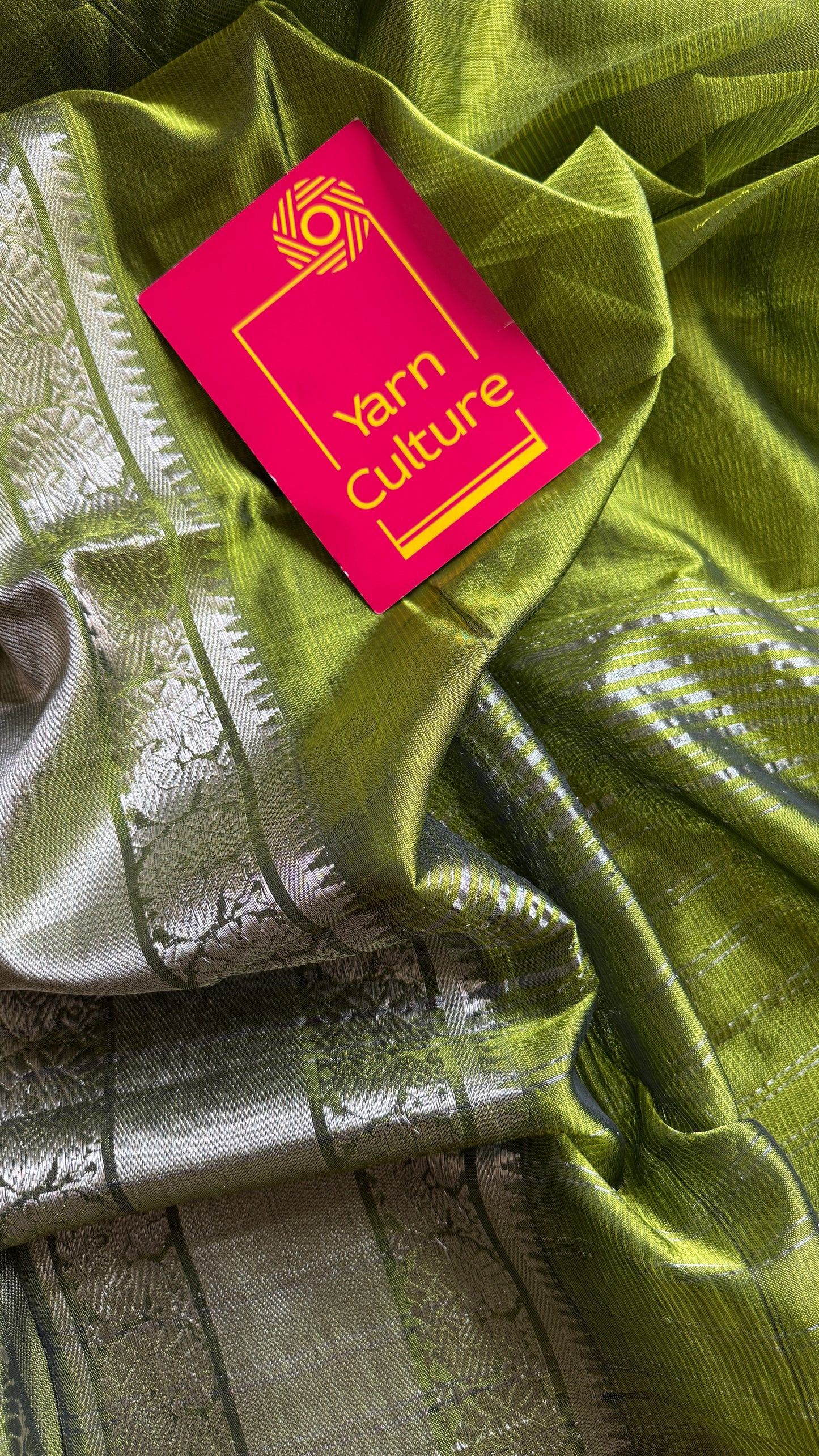 Olive green with silver peacock woven zari border, mangalgiri silk cotton, handwoven, soft, light weight- YCWOTDMSCM04