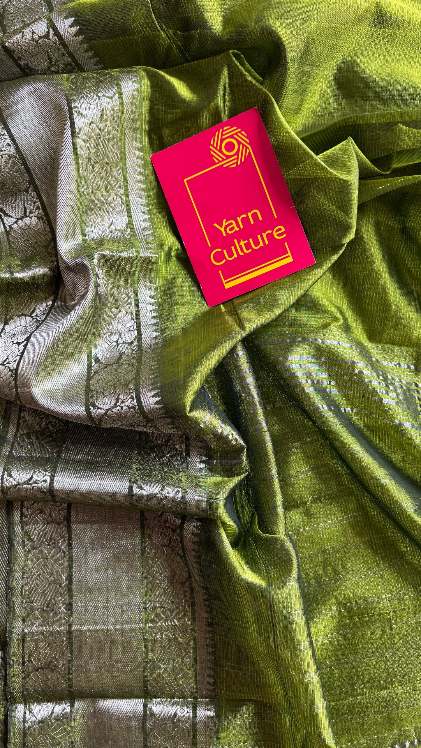 Olive green with silver peacock woven zari border, mangalgiri silk cotton, handwoven, soft, light weight- YCWOTDMSCM04