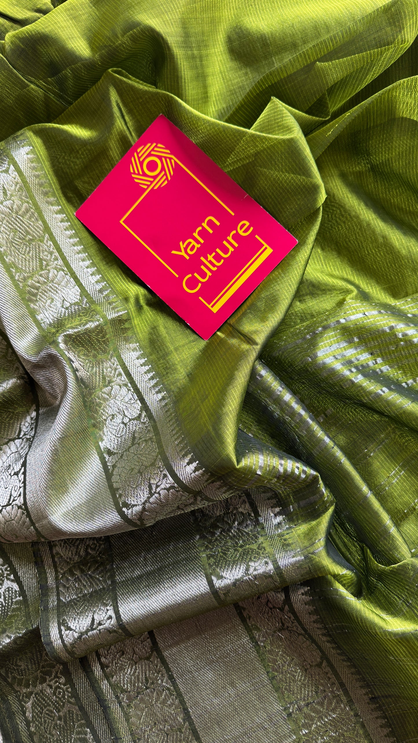 Olive green with silver peacock woven zari border, mangalgiri silk cotton, handwoven, soft, light weight- YCWOTDMSCM04
