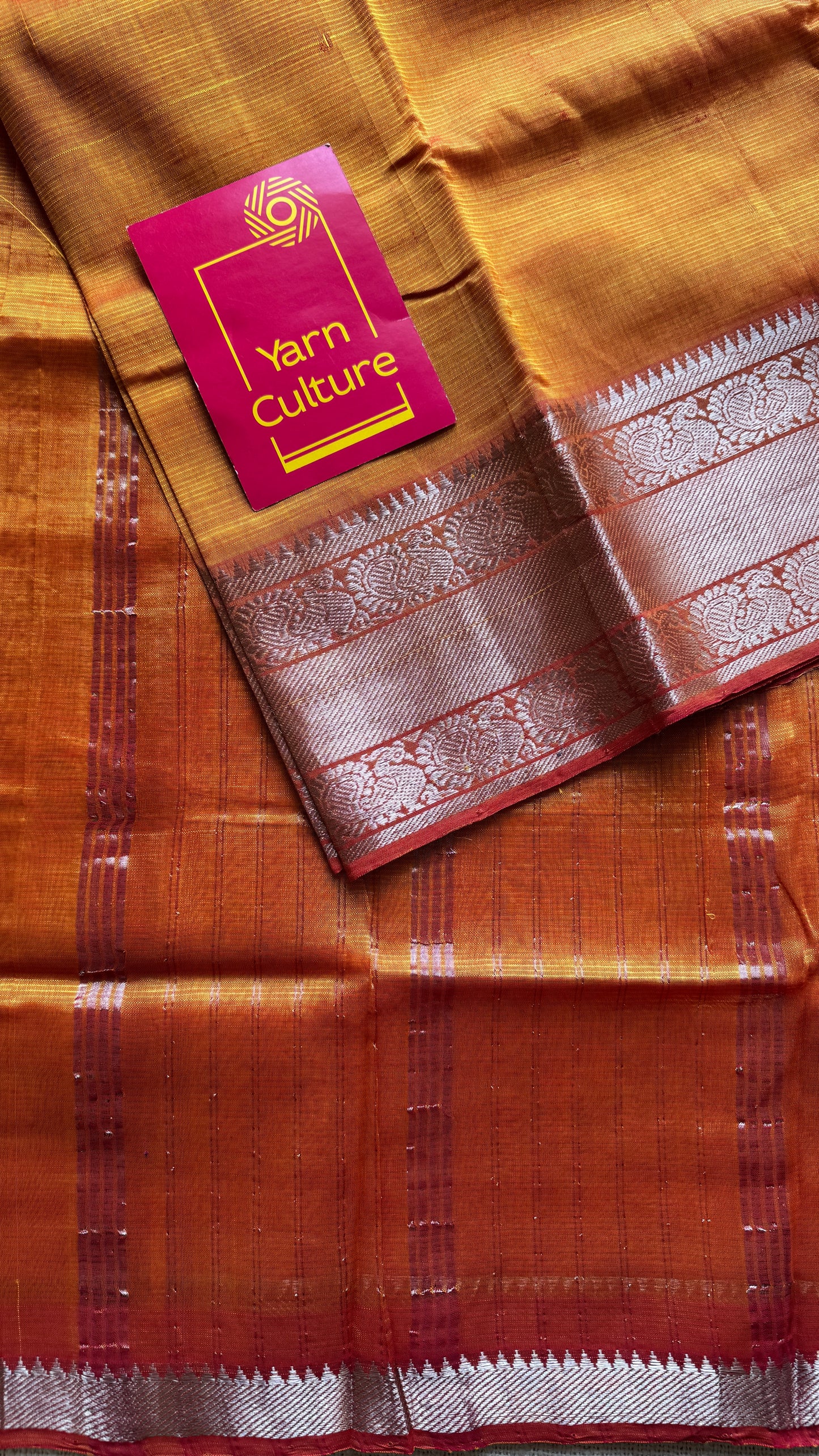 Light orange with silver peacock woven zari border, mangalgiri silk cotton, handwoven, soft, light weight- YCWOTDMSCM05