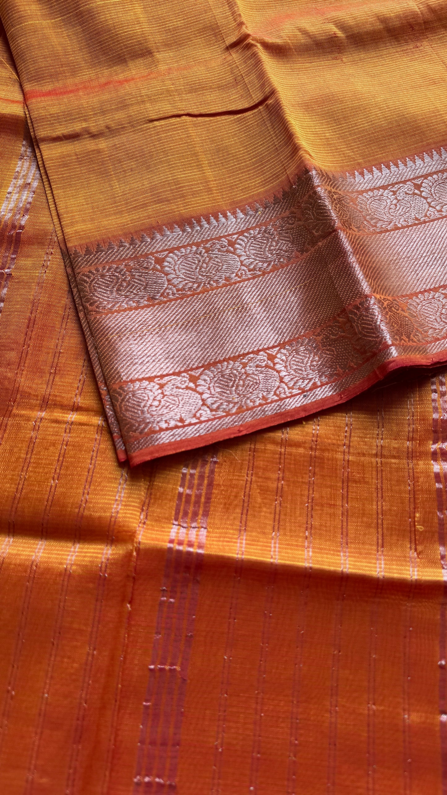Light orange with silver peacock woven zari border, mangalgiri silk cotton, handwoven, soft, light weight- YCWOTDMSCM05